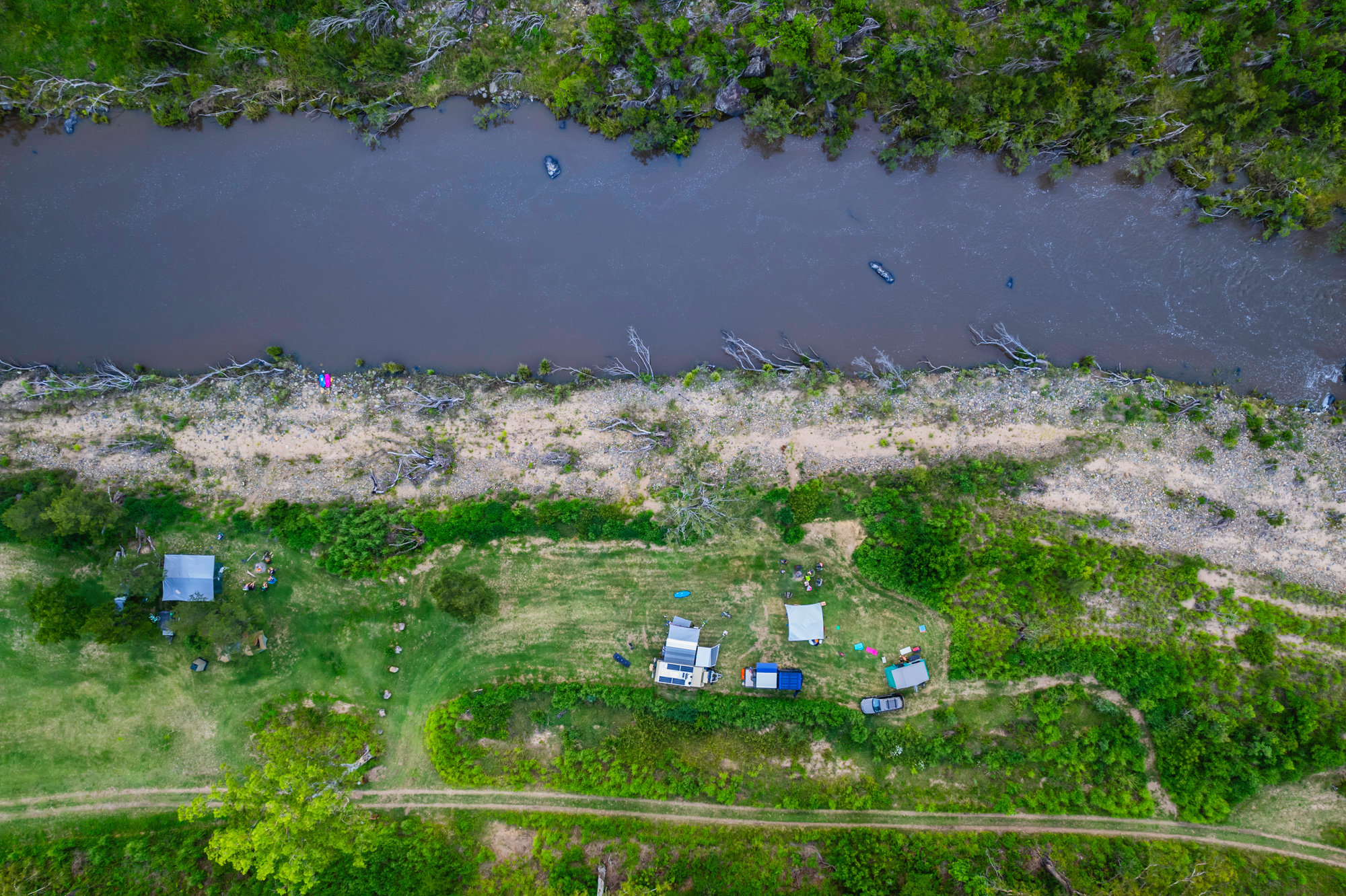 Drone view of the riverside camping