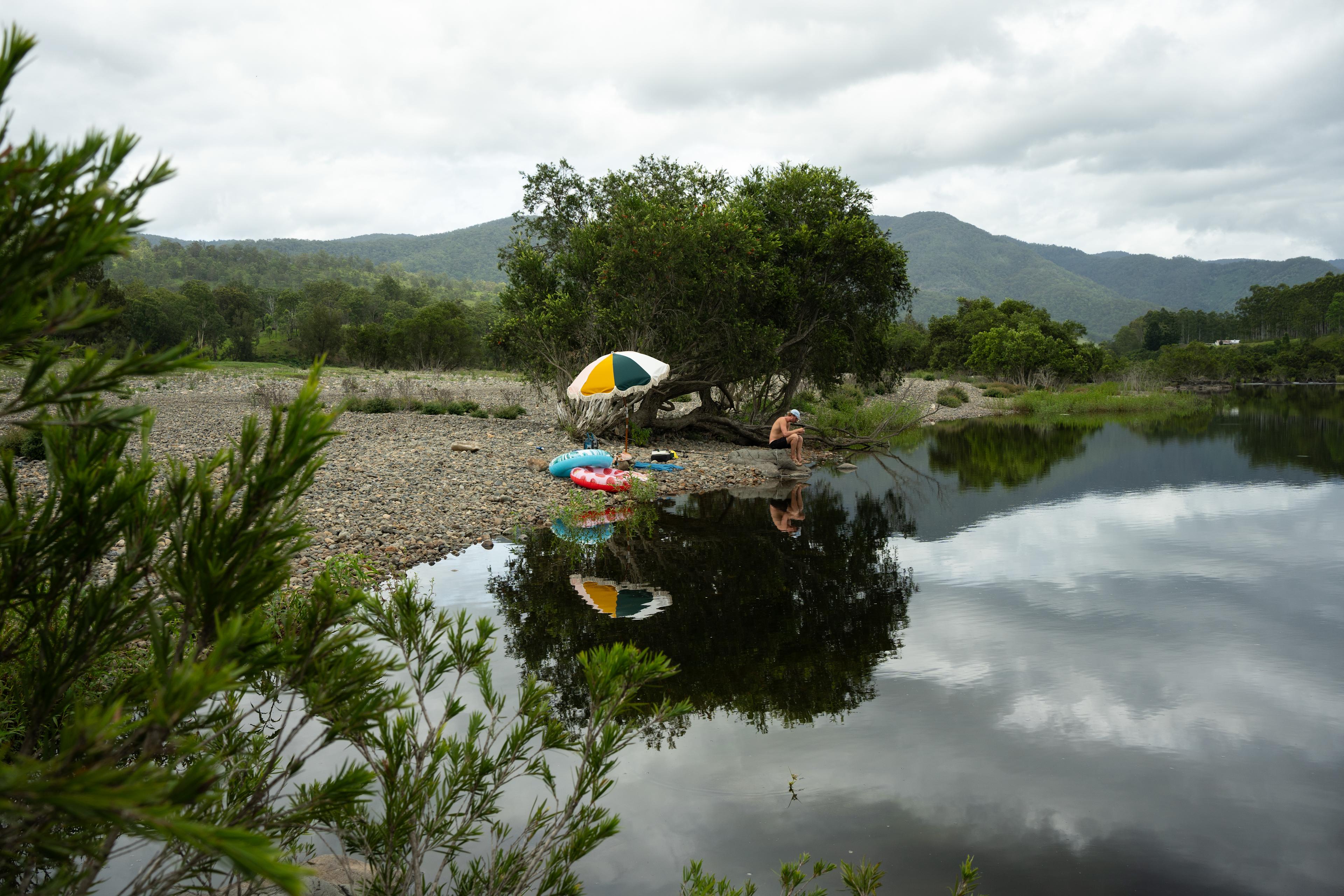 River, mountains, floaties and fishing. 
