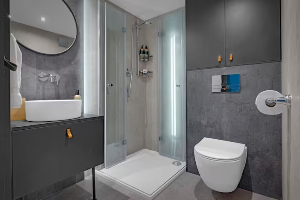 Do you remember the bathrooms at public campsites?  Welcome to Glamping! This luxury bath is every bit as elegant as the finest hotel rooms.