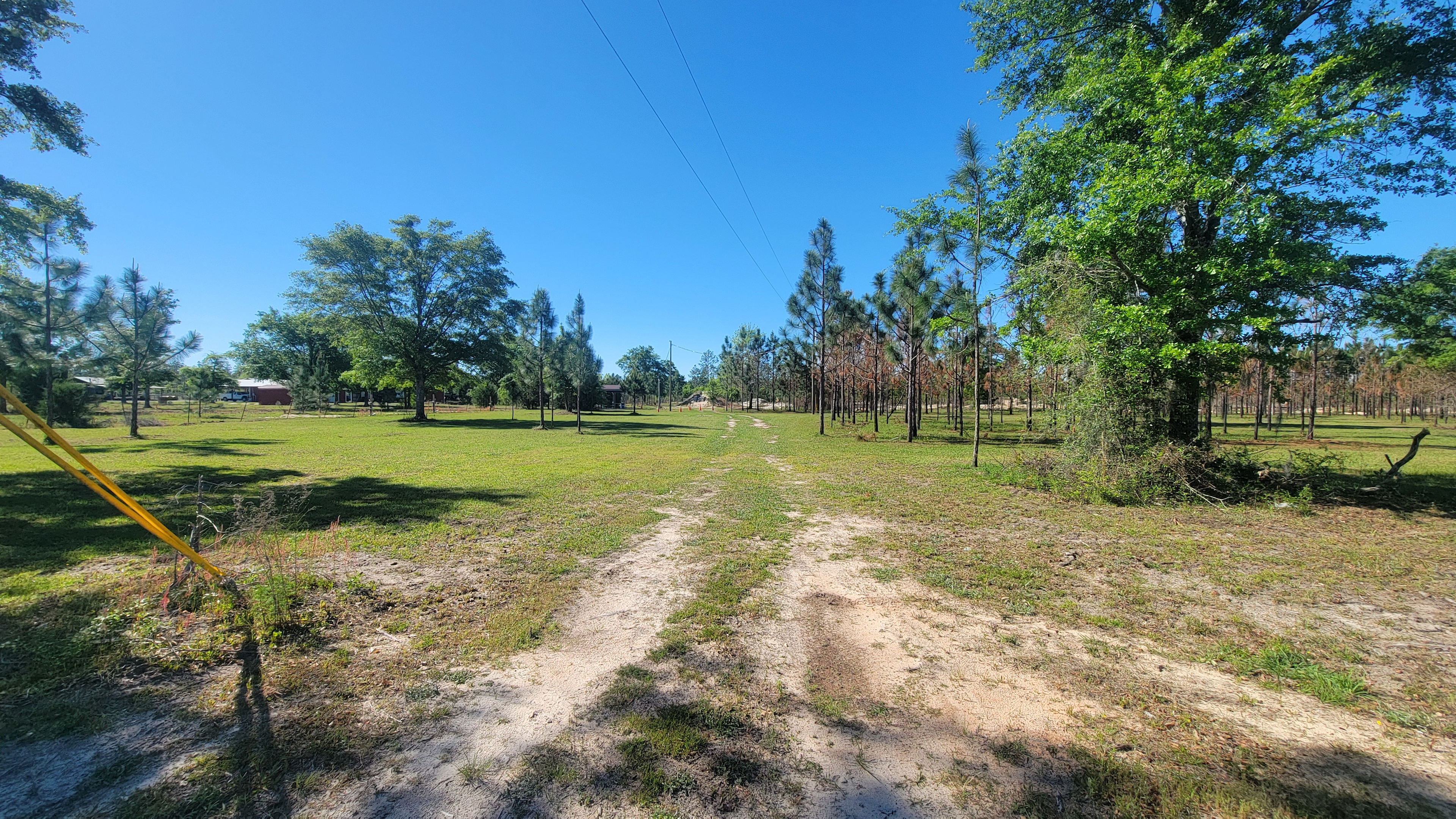 Entrance from gate. RV spots and open camping on the left. Camping in the trees on the right.