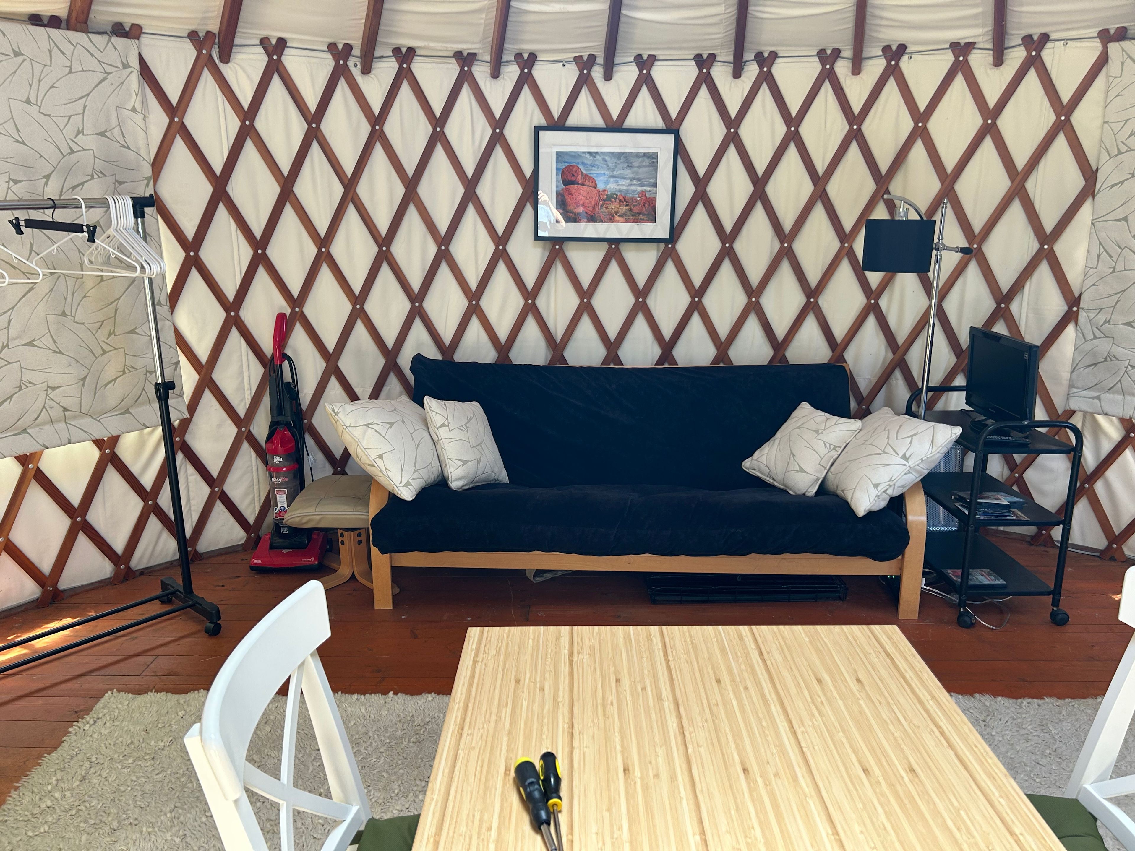 There are two futons, table and chairs, rocker and recliner. Extra chairs also available.  Propane heat. Plenty of good well water.  