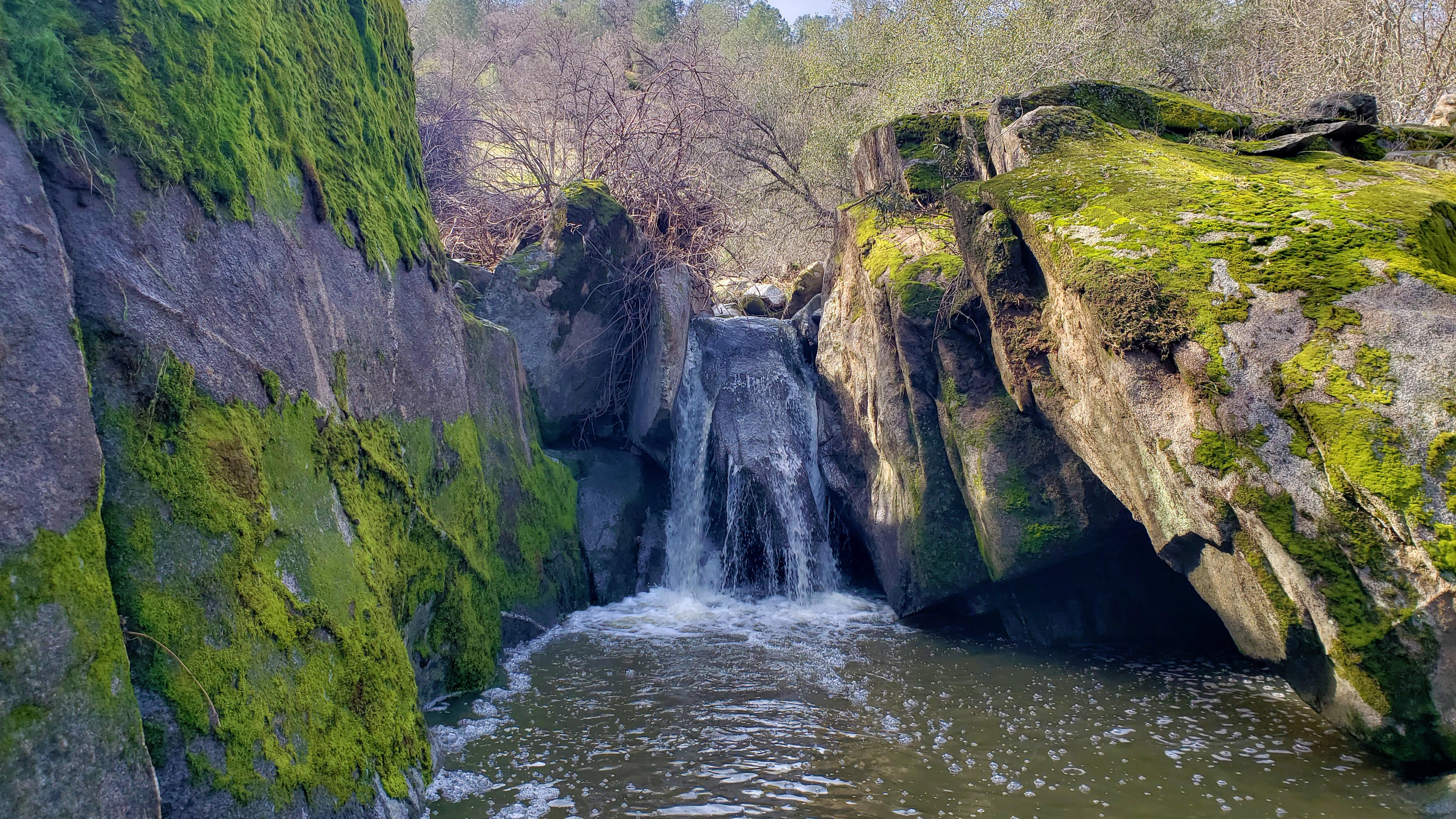 Glitter Cove Waterfall runs from winter to early summer and is just a short walk from camp.