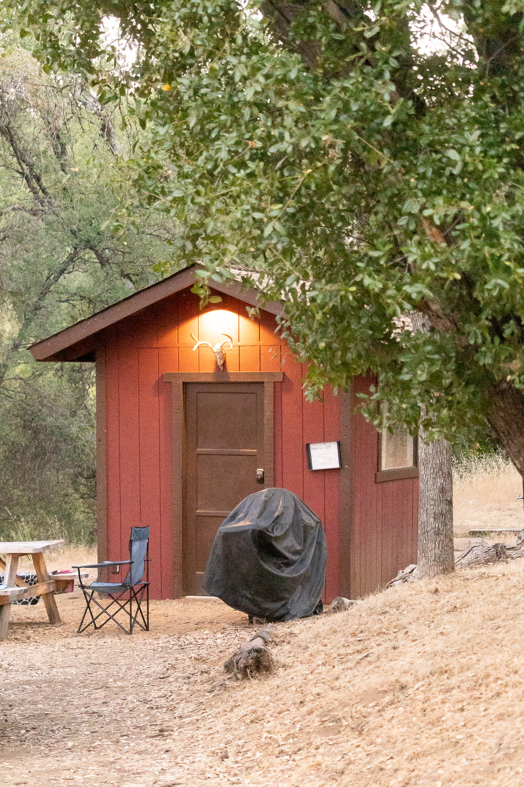 Our cute little cabin at dusk.