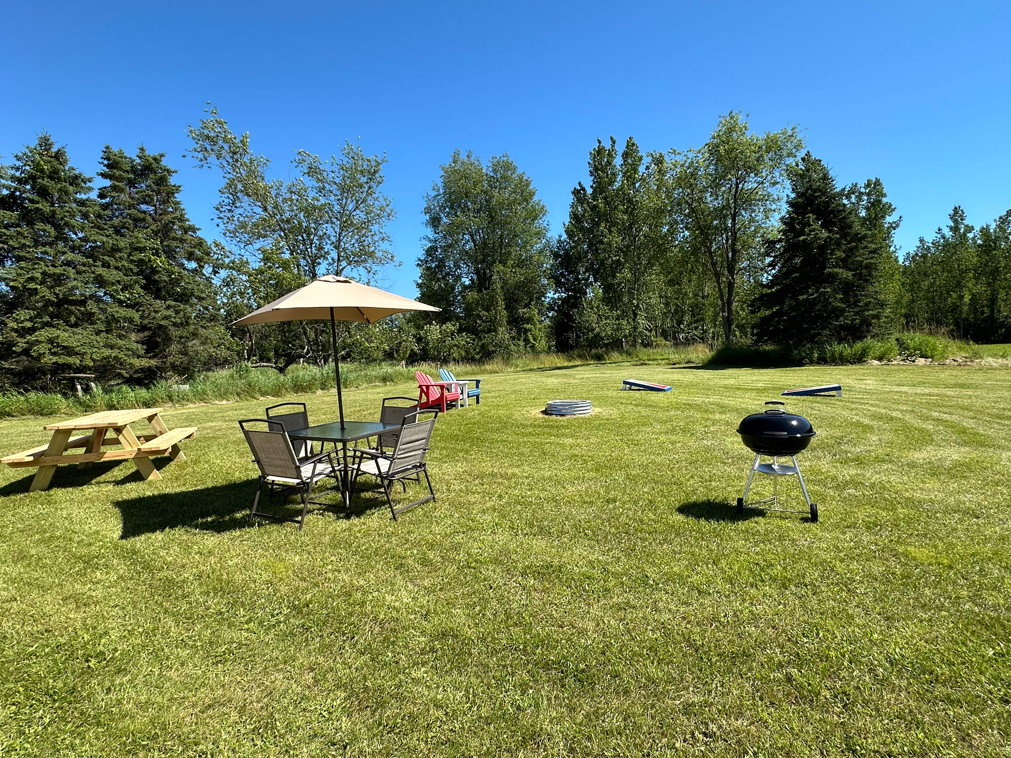 We provide: Picnic Table, patio table with 4 chairs and umbrella, charcoal grill, double Adirondack chair, corn hole boards and of course a fire pit. 