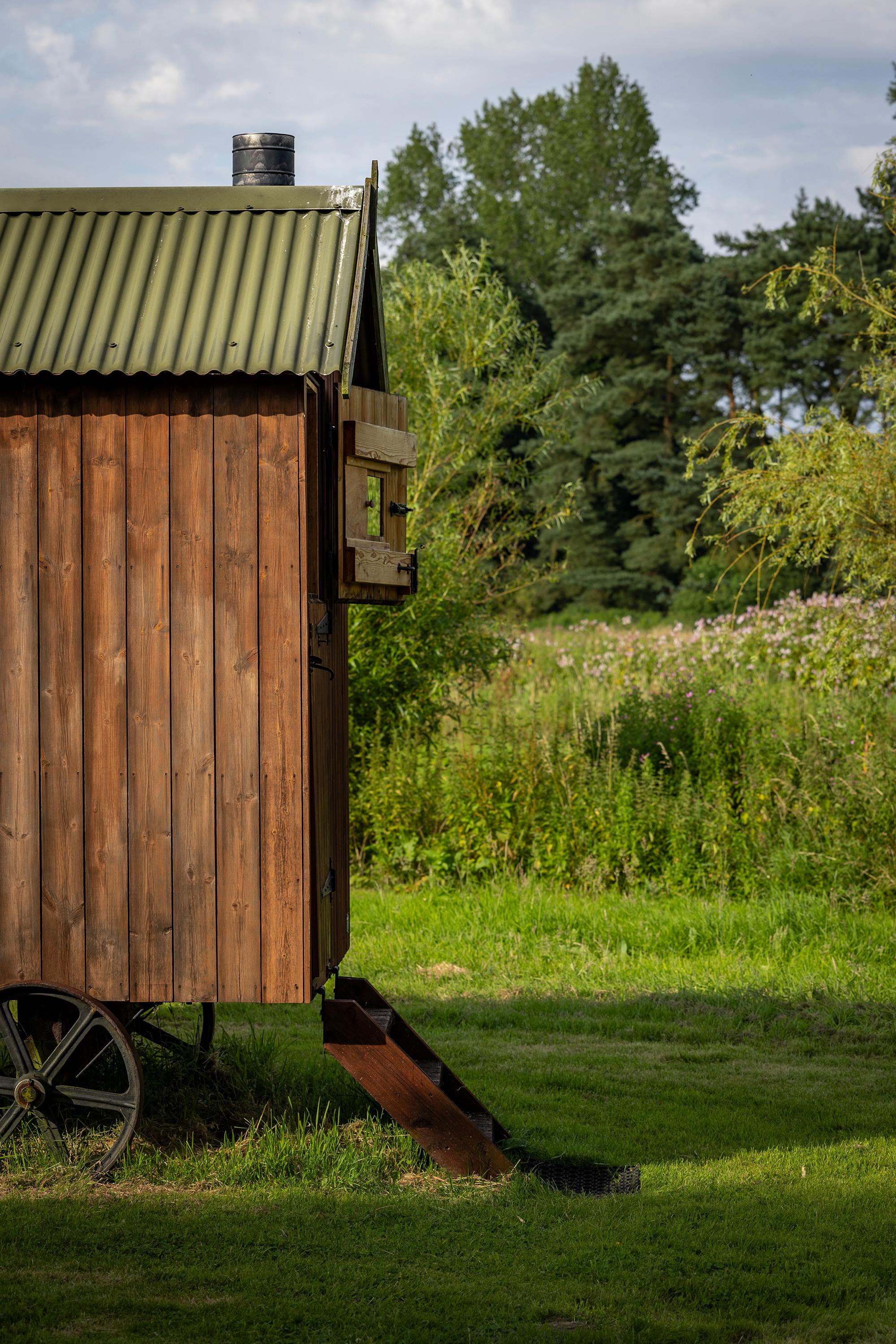 The hut is surrounded by greenery on all sides.