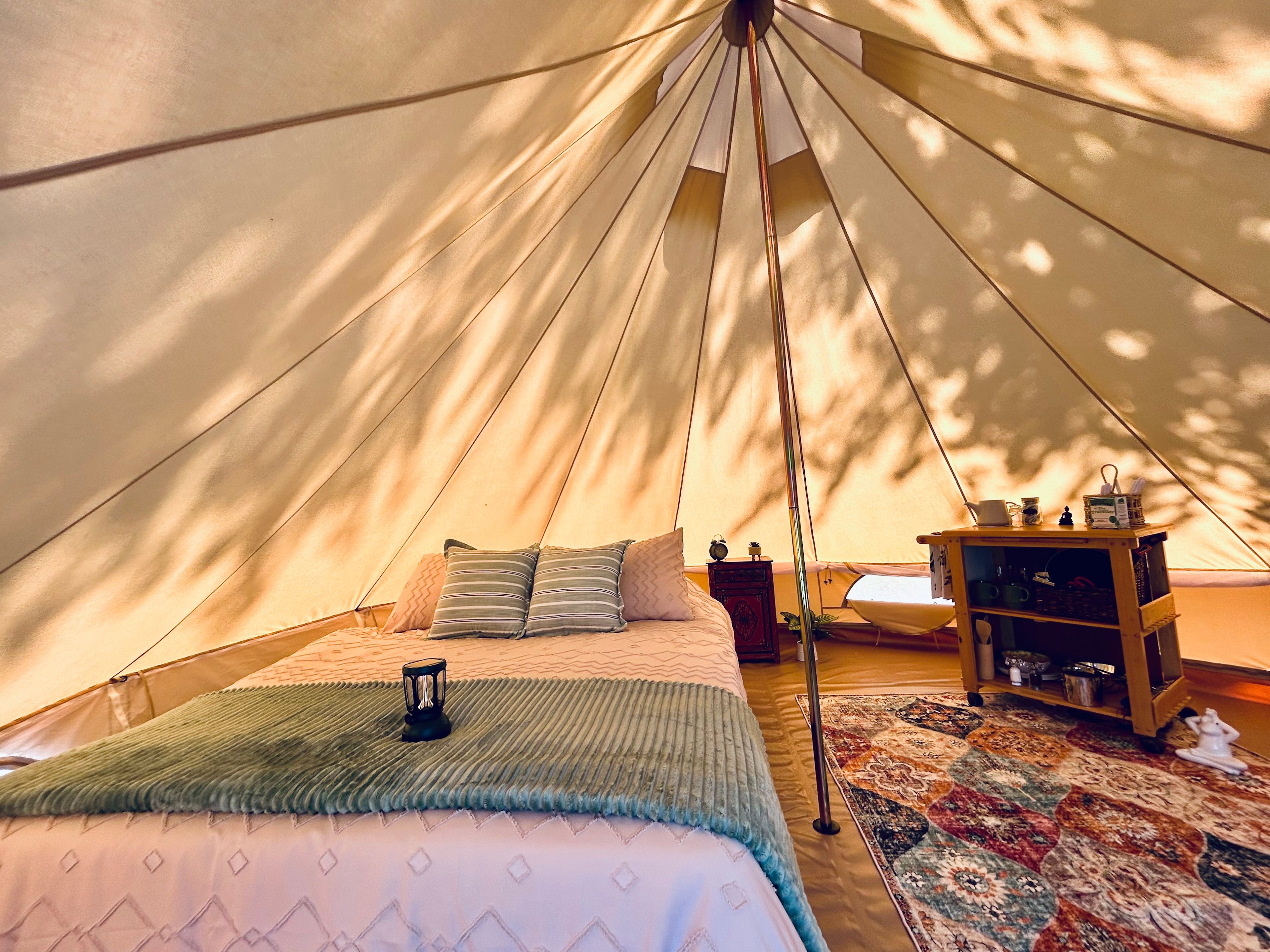 Comfortable Queen Bed, extra blankets, solar powered lantern, cookies essentials, coffee & tea provided.