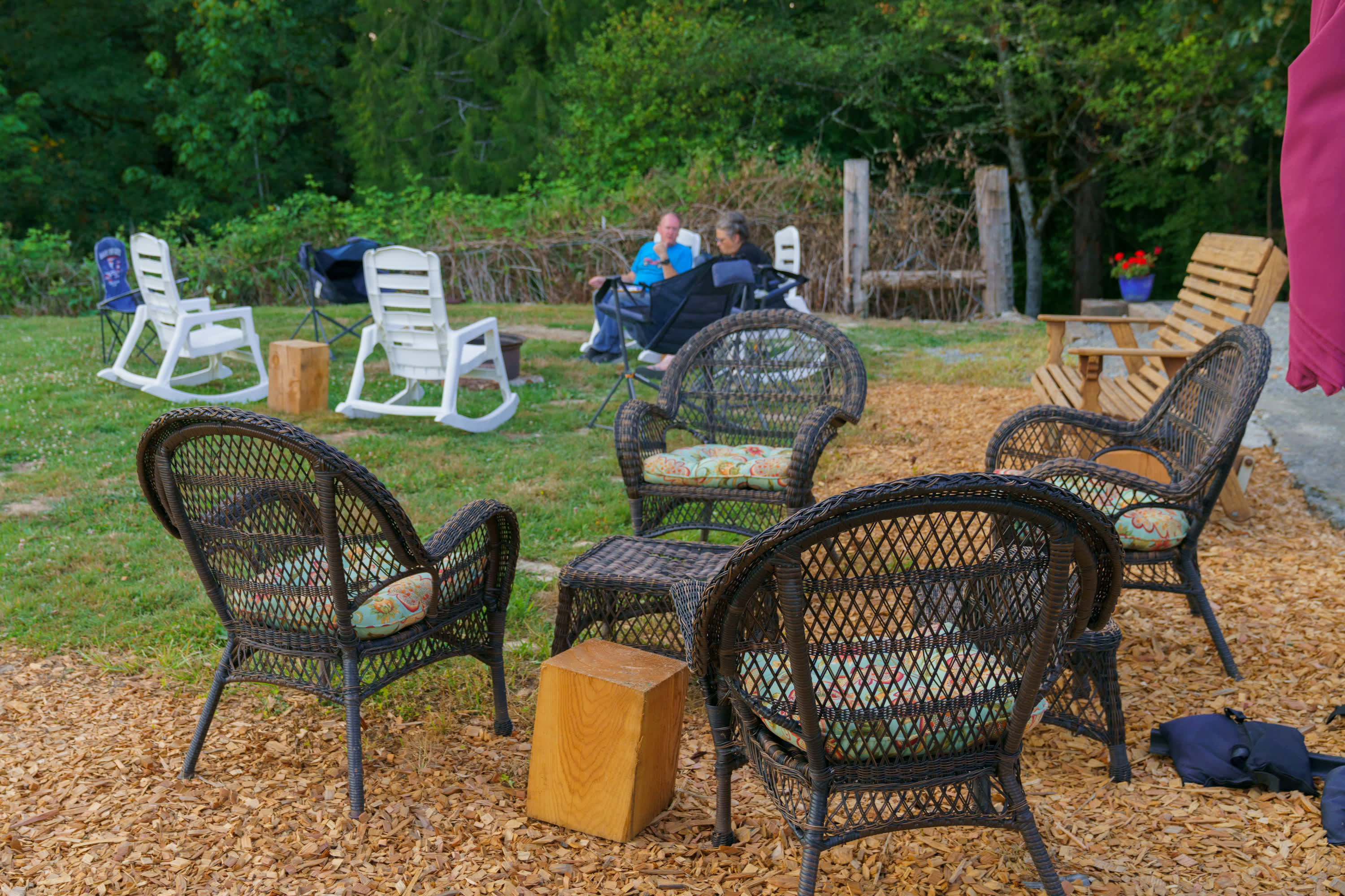Tera has set up two sections of chairs, one around the fire that they get going at night!