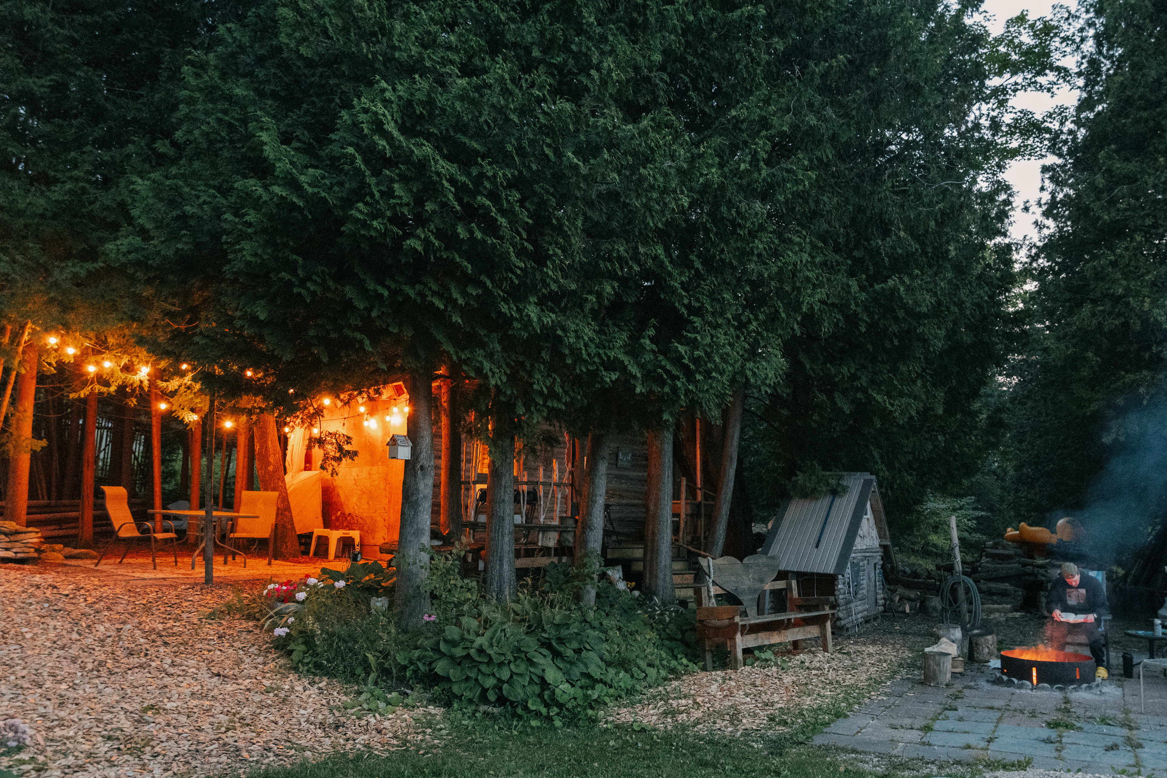 Patio area has lights on a timer so you can enjoy the space at night
