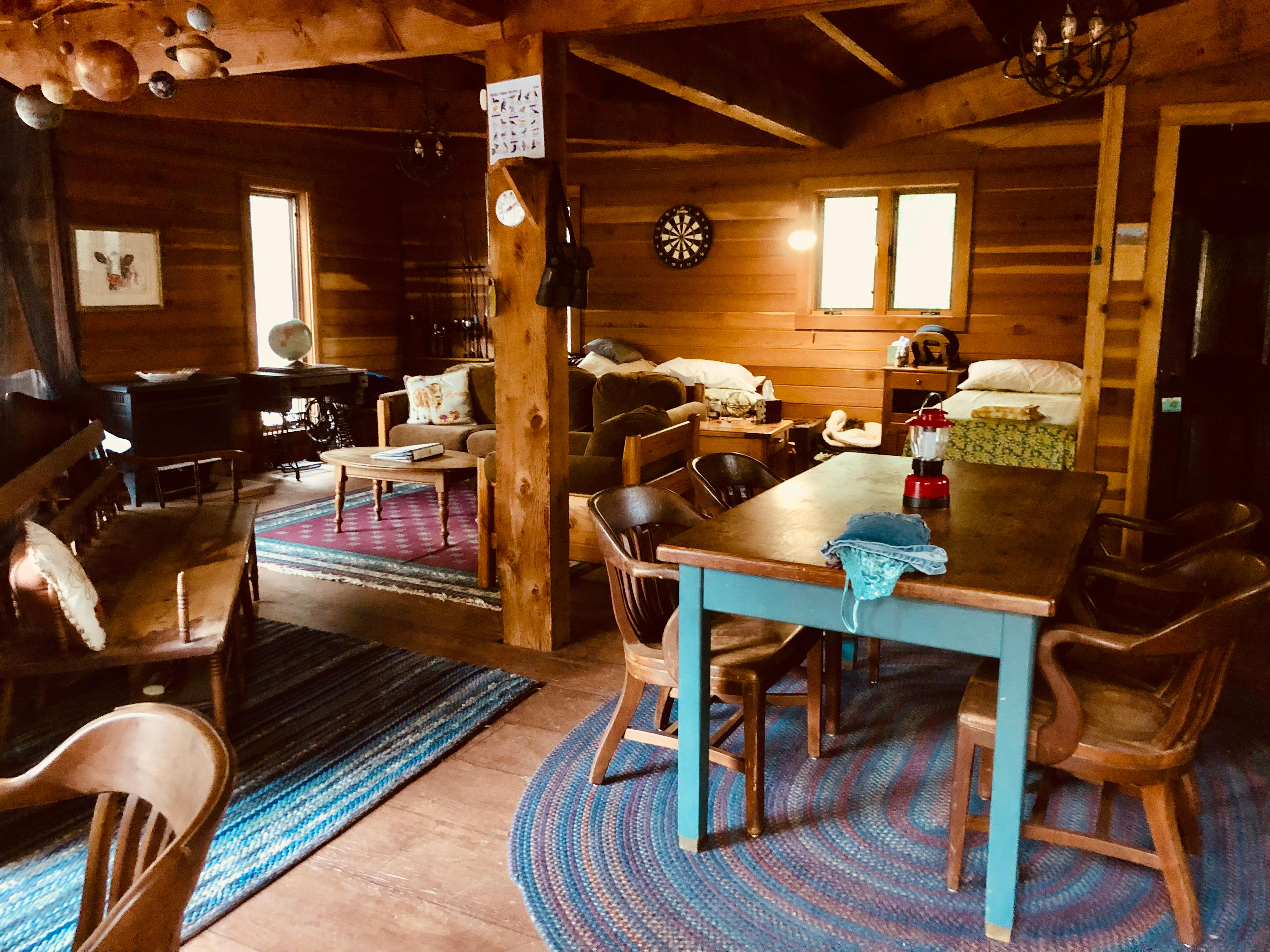 Kitchen, living room and bedroom combined. Propane heat keeps place warm in cooler weather. Solar lights provide adequate lighting in evening. Sorry no Wi-Fi or running water. Please bring your own drinking water and firewood. 