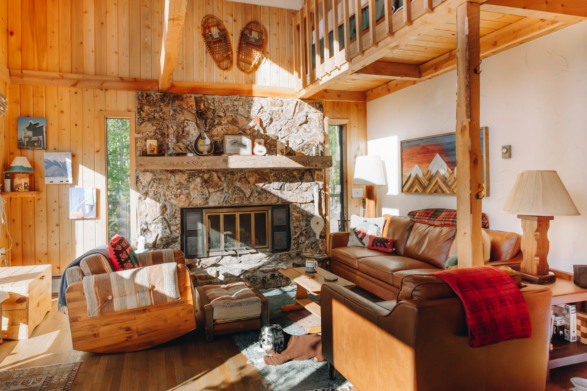 Cozy living room with wood burning fireplace