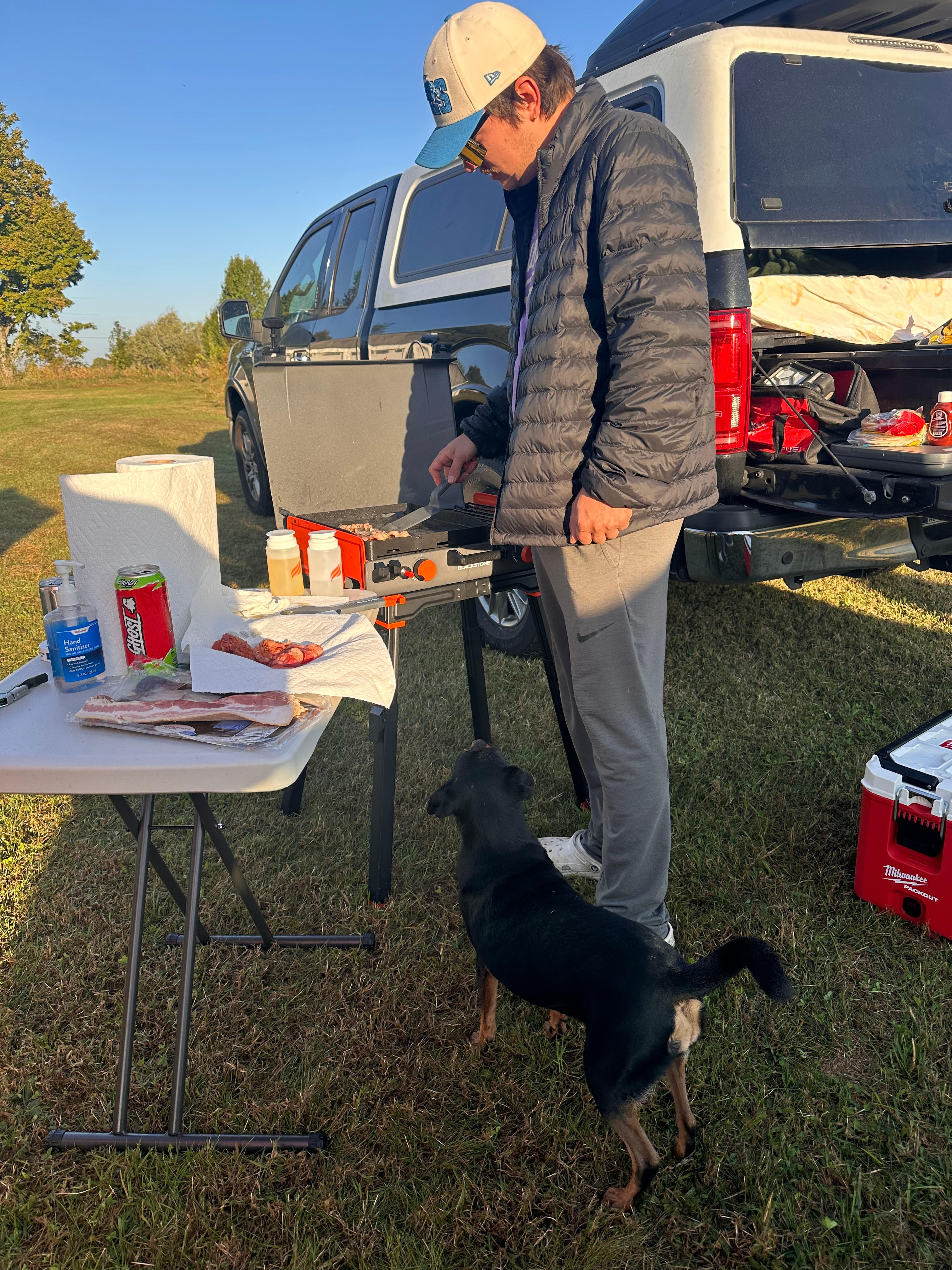 Kevin’s sweet dog begging for bacon in the morning