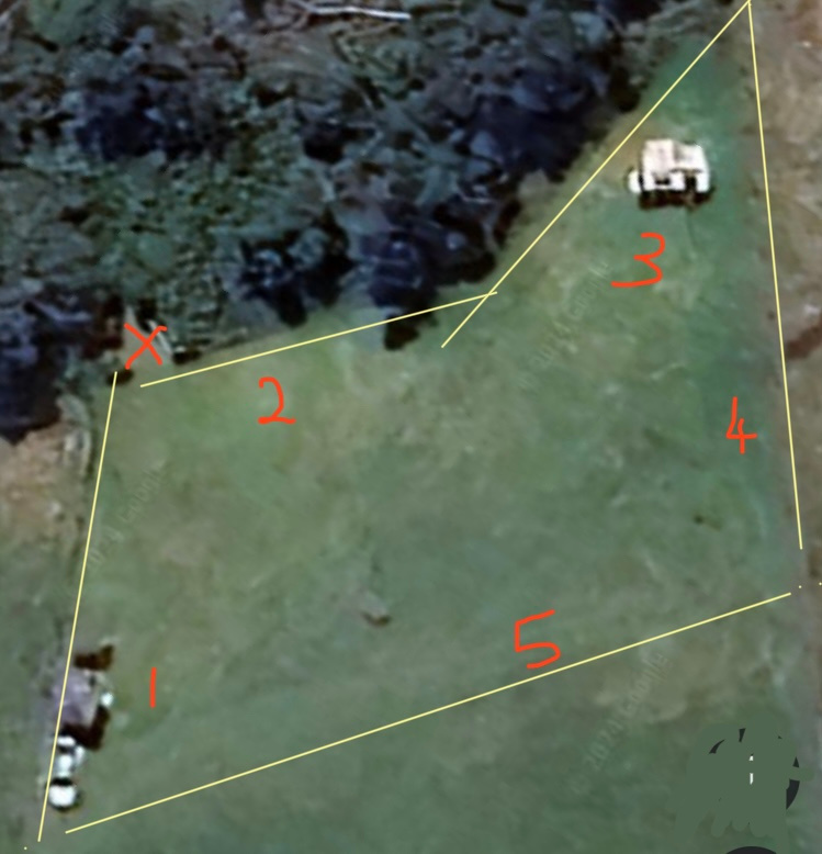 Ample space per site. X marks the toilet location.