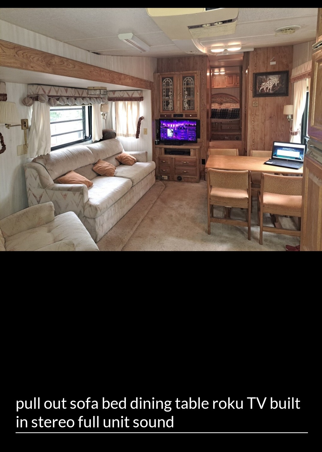 Living room area has a bunch of space to unwind and relax.  The couch pulls out into a double bed.  