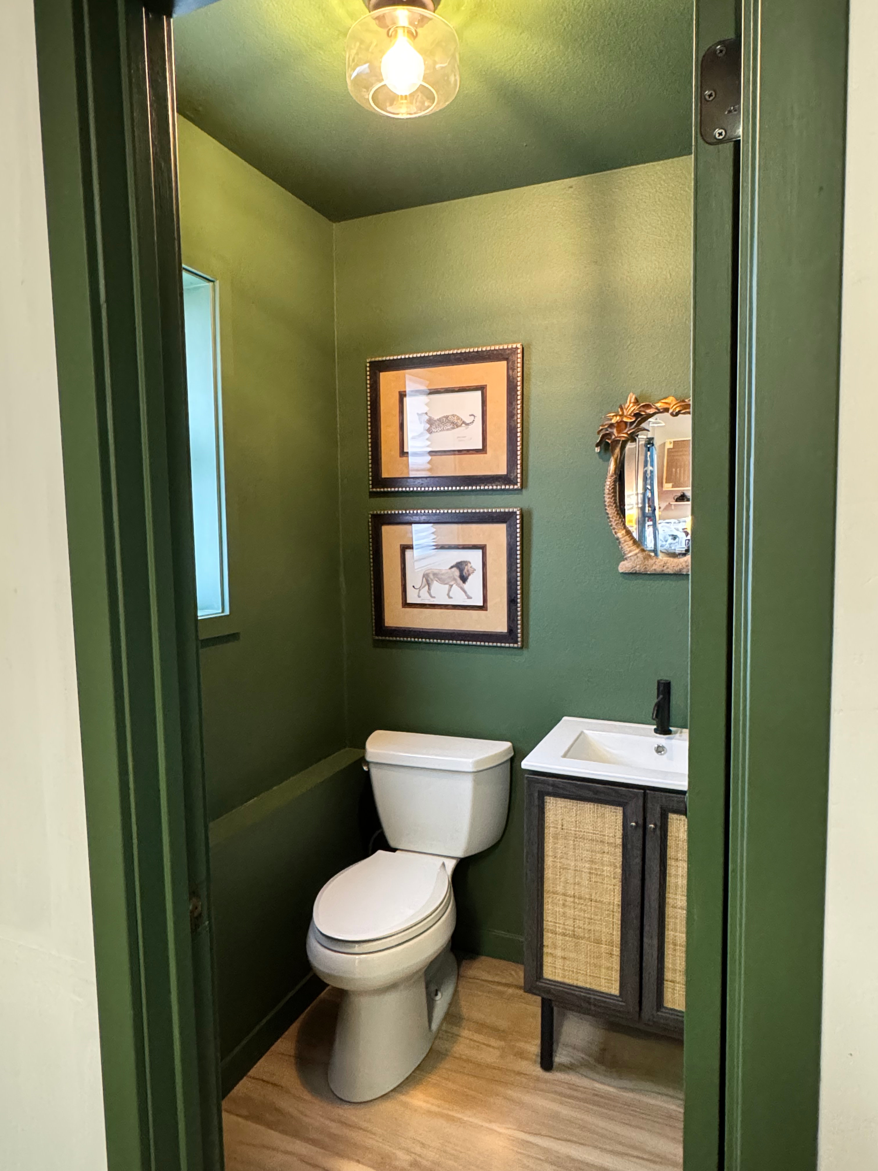 Our newly remodeled guest bathroom located in the garage of our home. 