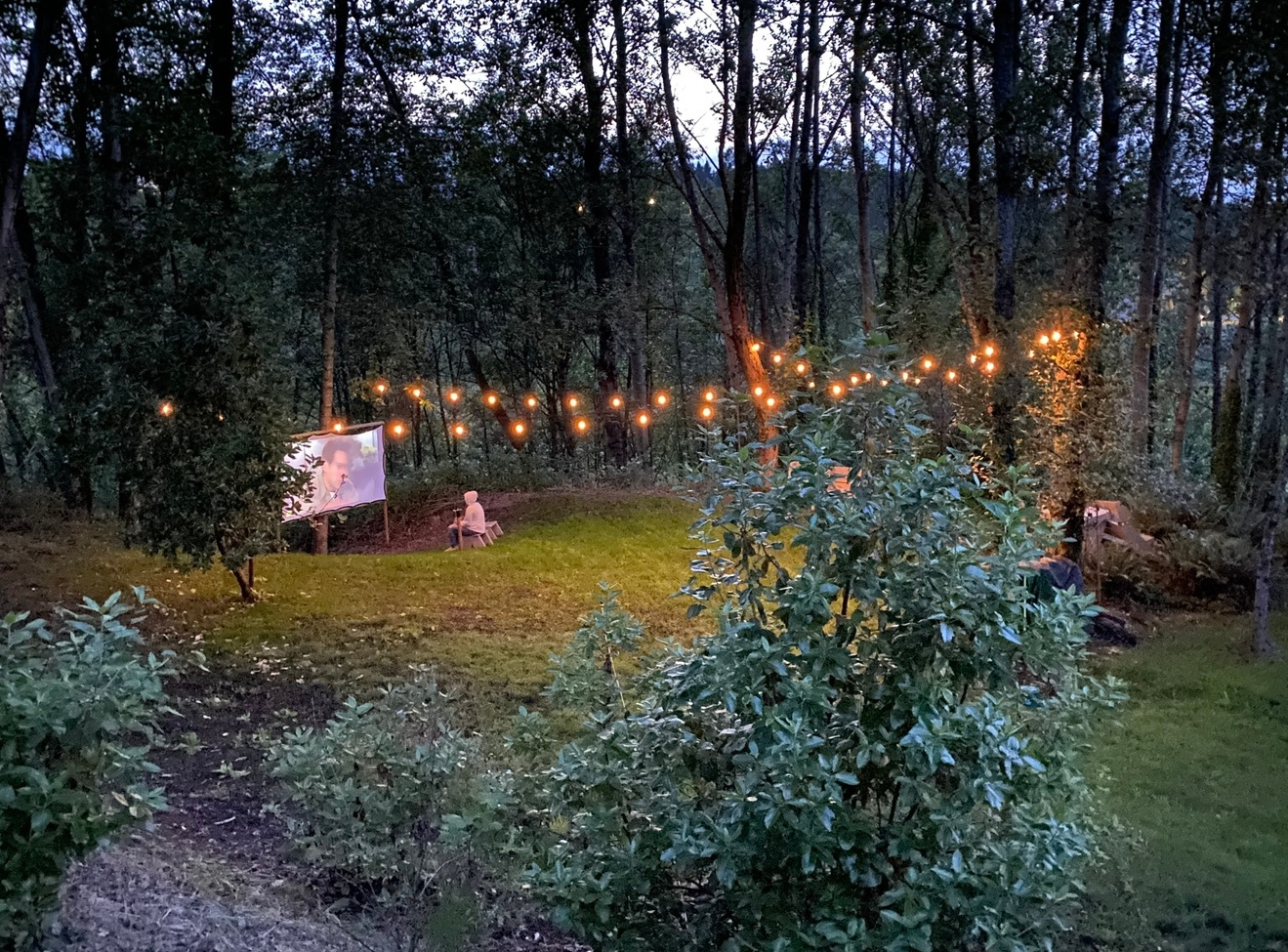 The lower level of our yard features an outdoor movie theater with fire pit and string lights. Please inquire about using this area in advance. 