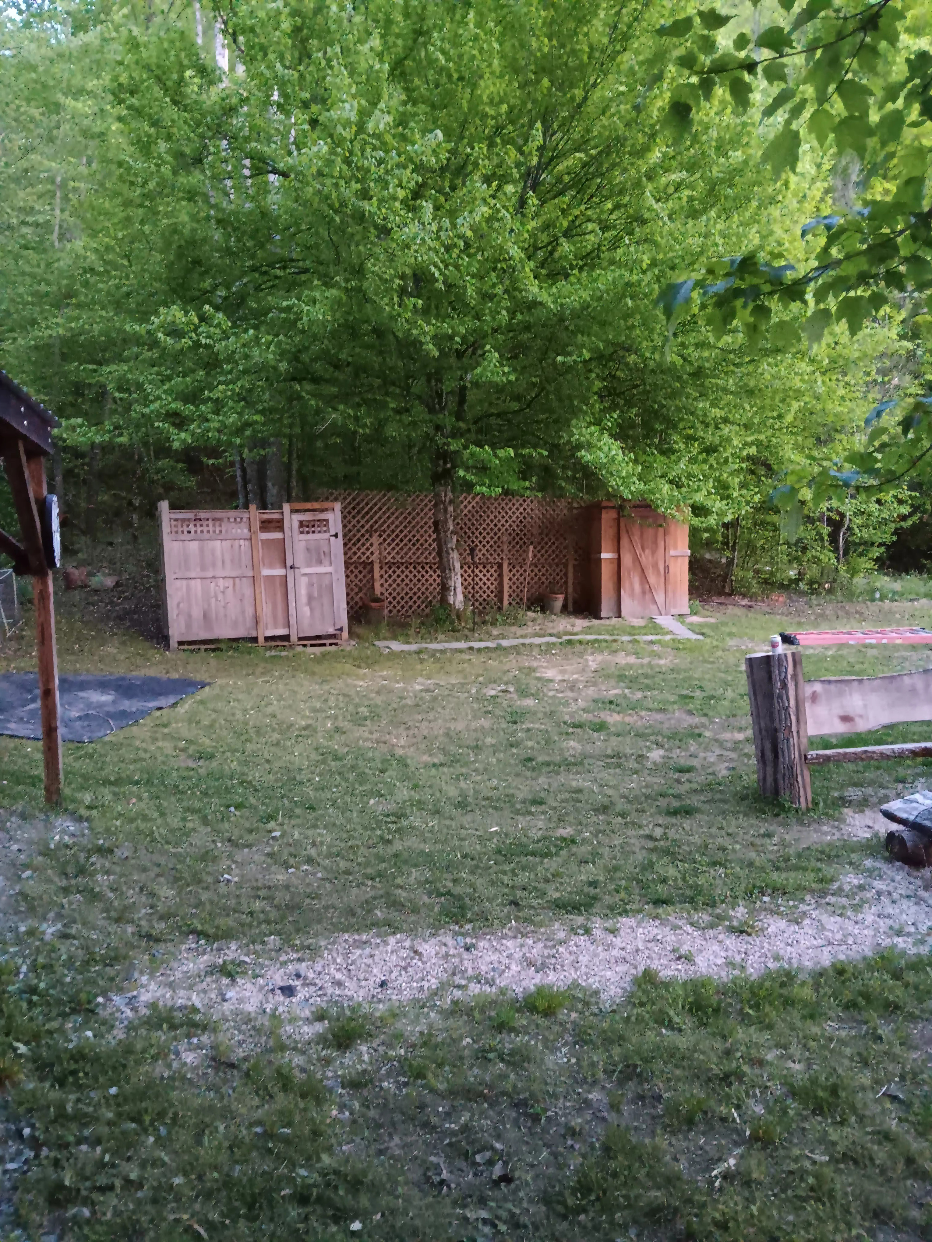 Outdoor Shower on the left Outhouse on the right. Yes, that is a dartboard on the left, horse shoes, and corn hole avaliable. 