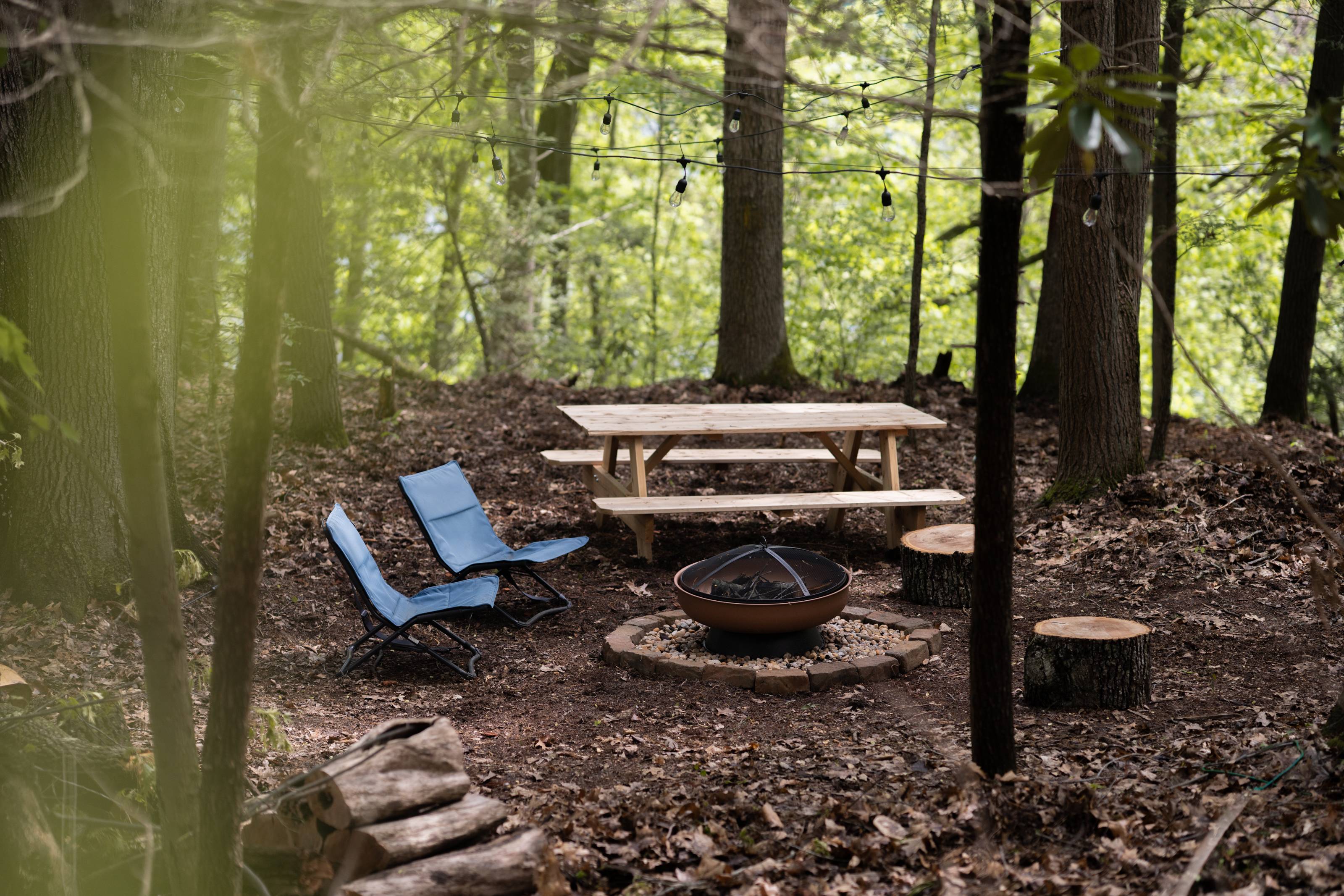 Main campsite area for bonfires, meals, and activities. 