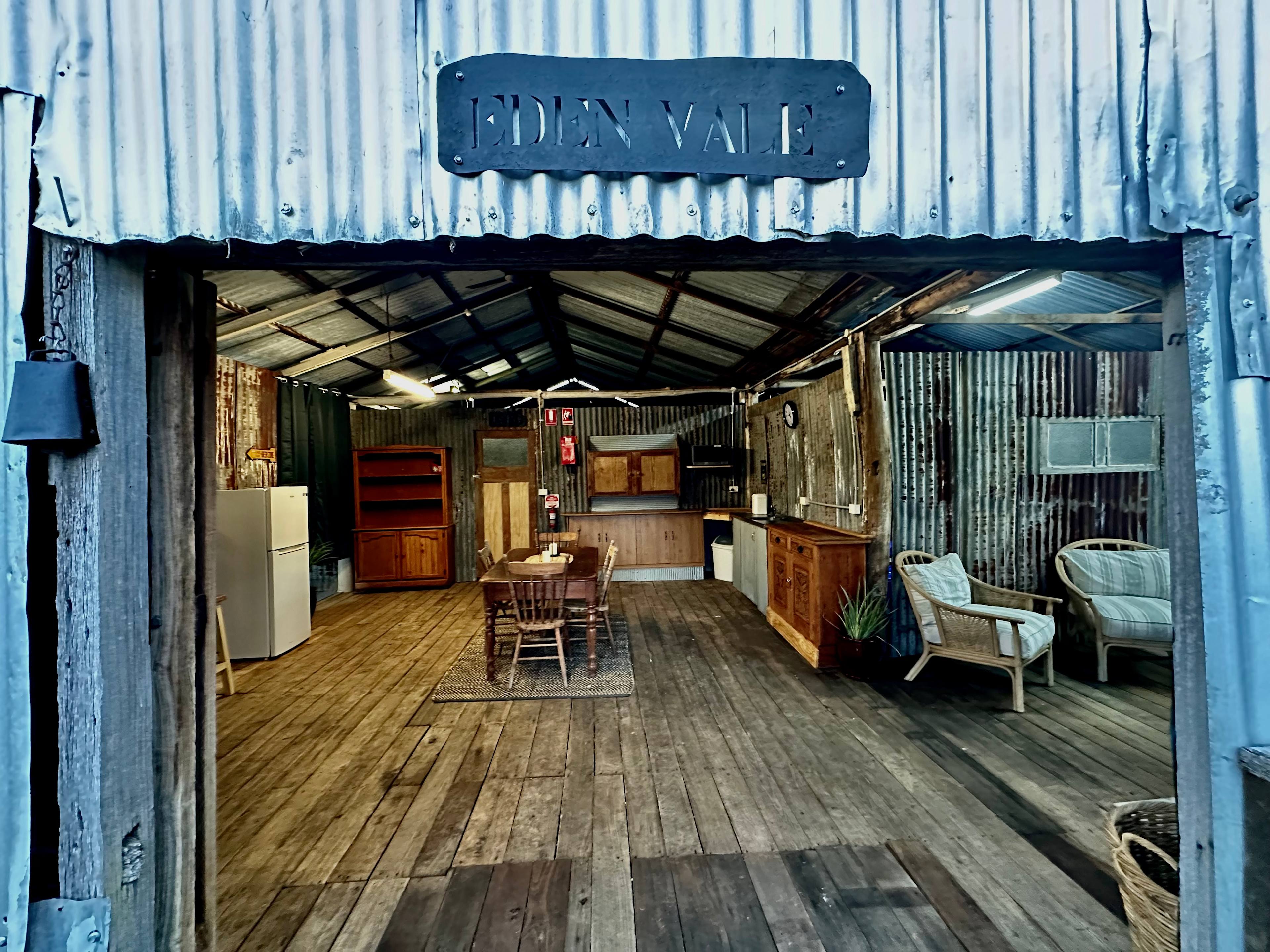 Walk into Eden Vale Shearing Shed from the deck and the outdoor fire cooking pit!