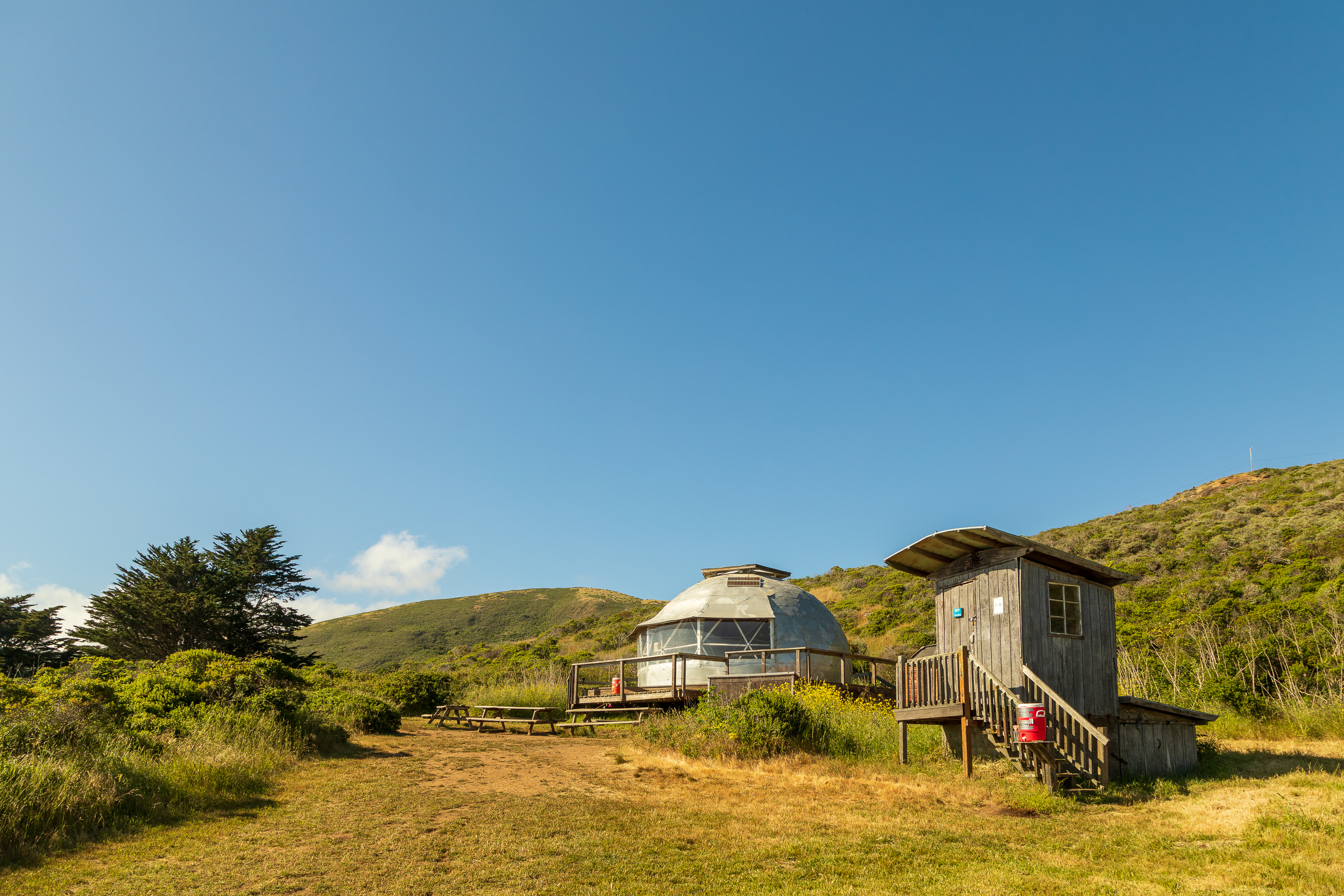 The communal dome and composting toilet (plus hand washing station)