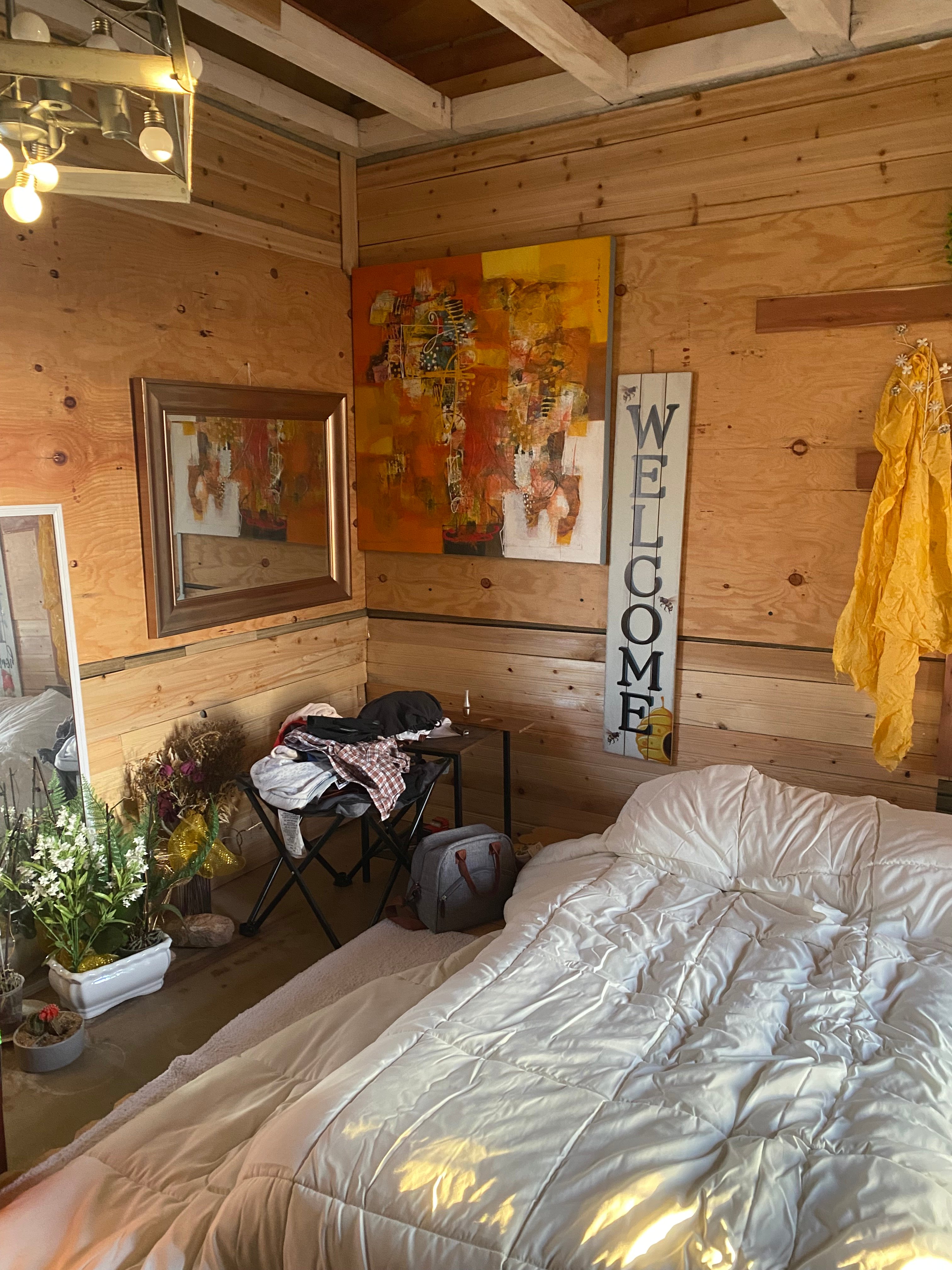All woods interior red cabin, air mattress 