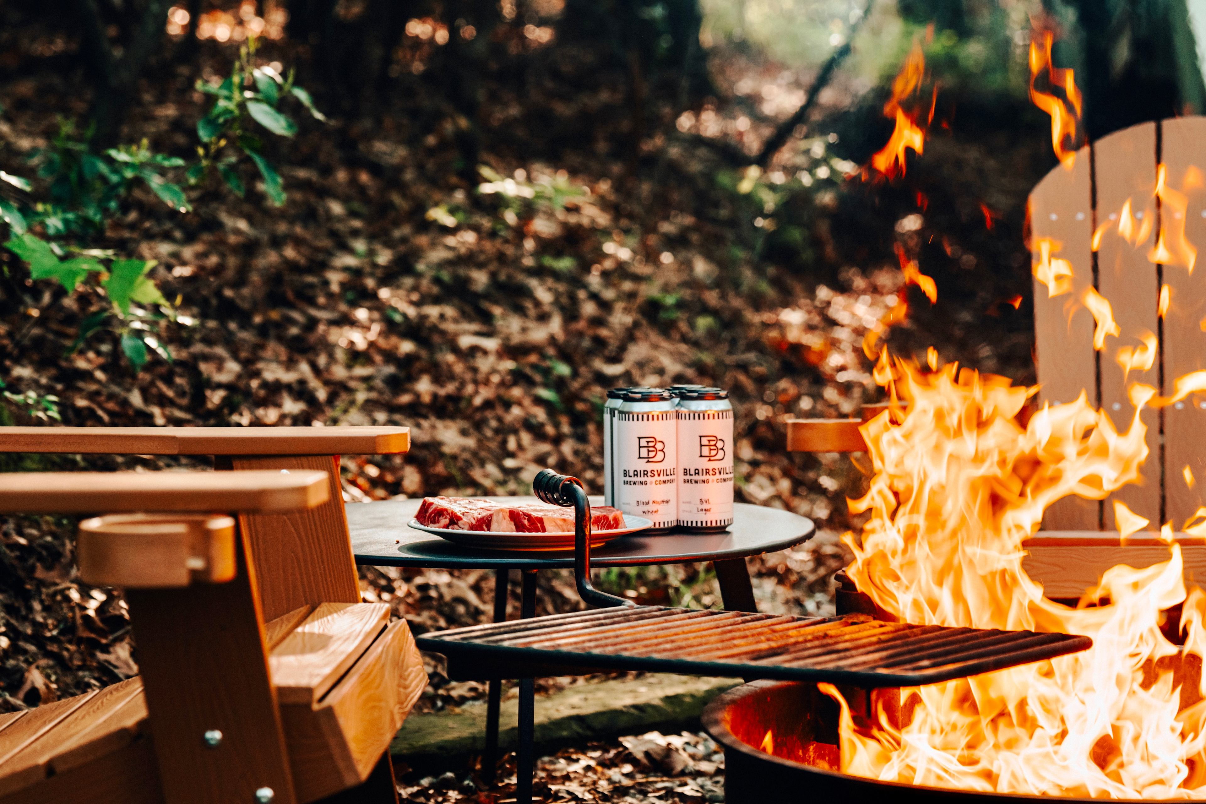 Firepit grill with steak cooking at Adohi Cabin, a romantic North Georgia cabin