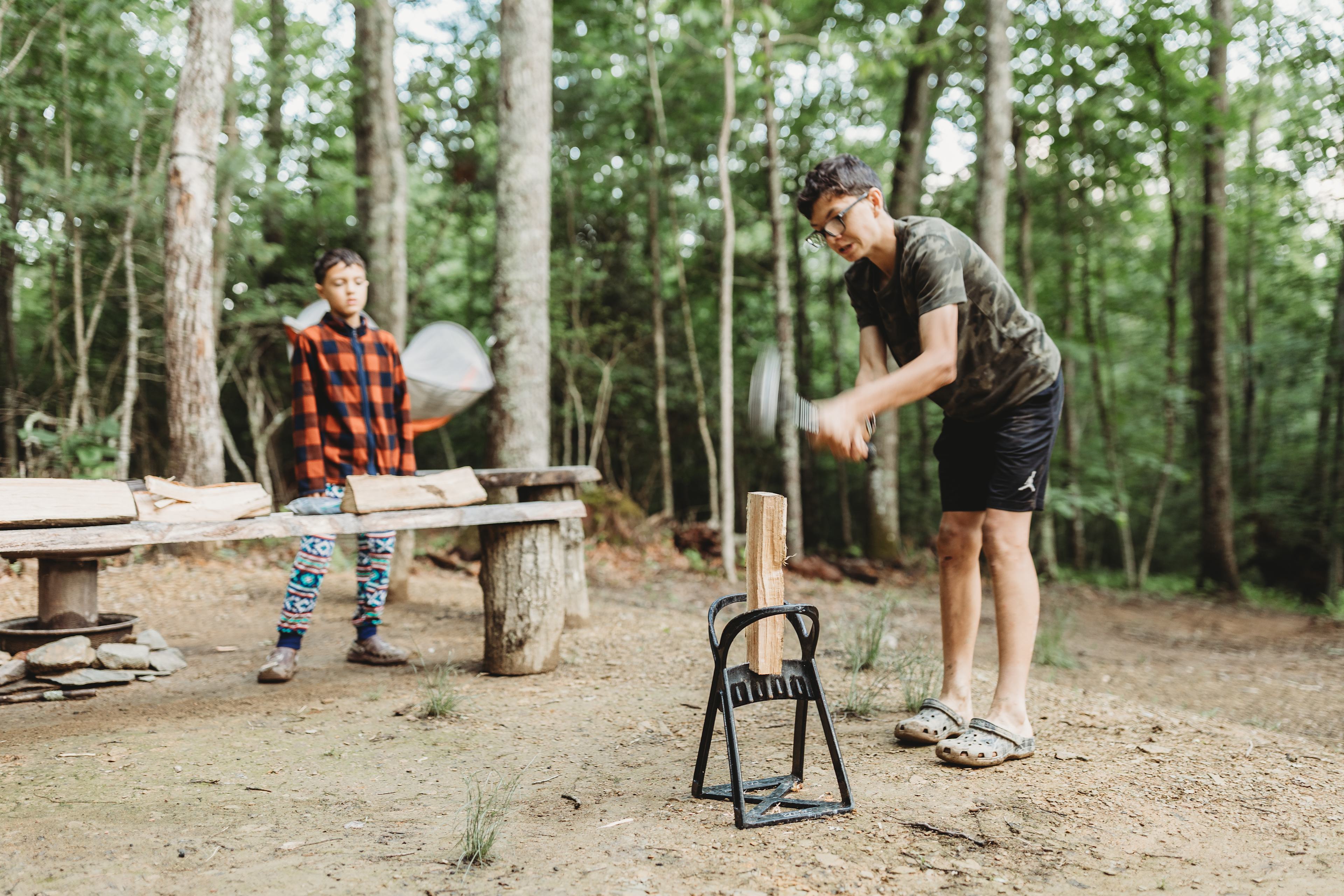 We brought our wood splitter and the kids loved making some kindling out of the provided wood.