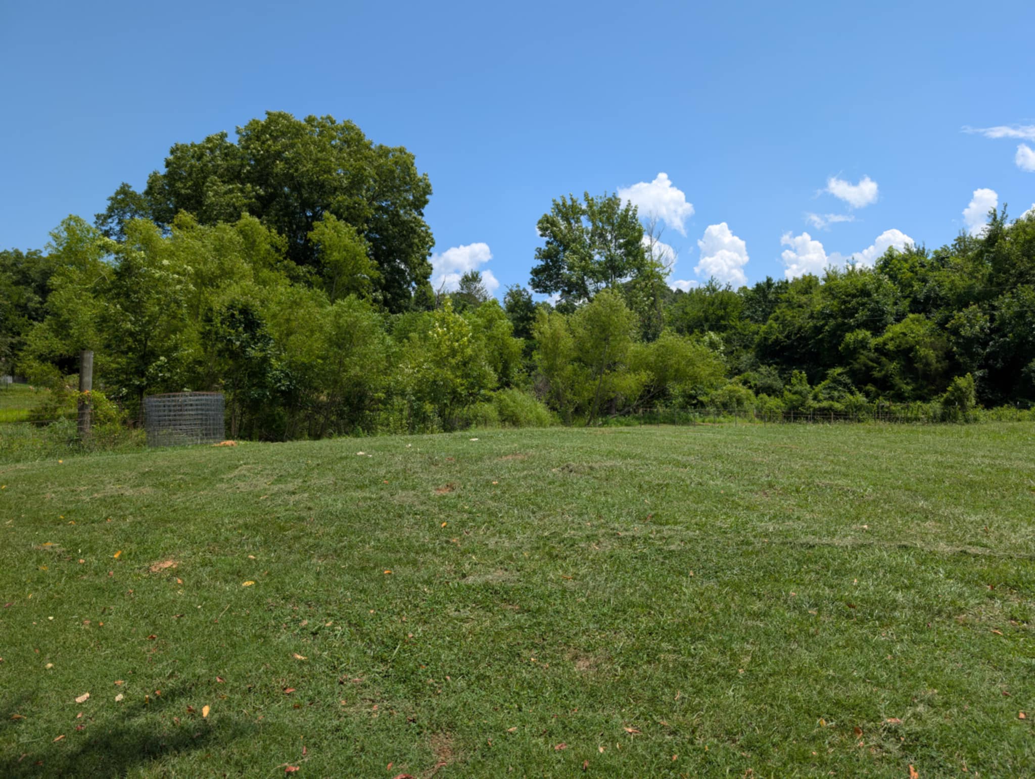 Campsite. Open pasture bordering small pond with trees.