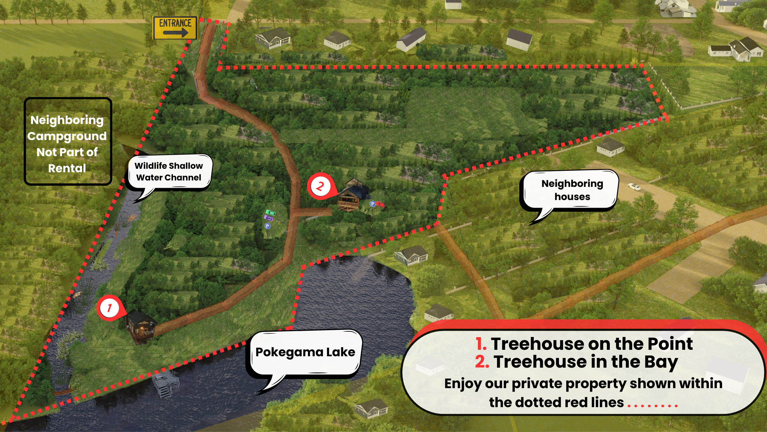 Lakeside Treehouses on 10 acres