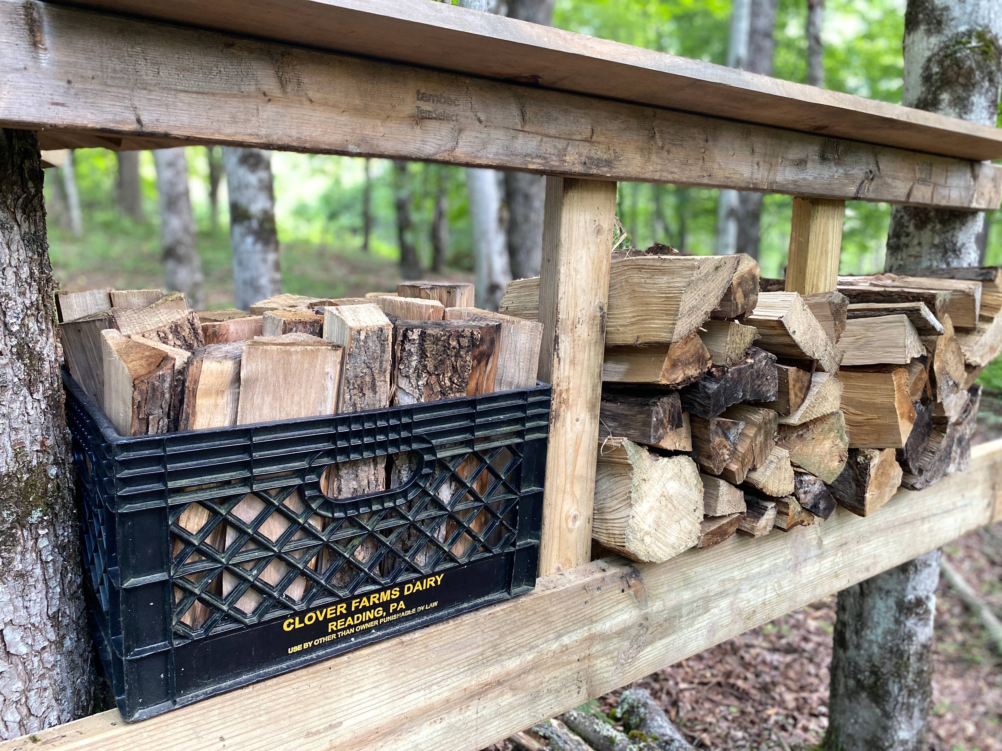Covered firewood storage right at your camp site. Campers get a FREE starter pack of wood. You can purchase additional wood by the Crate or full Frames (equal to 2 crates each) as pictured. Firewood is delivered to your site. 