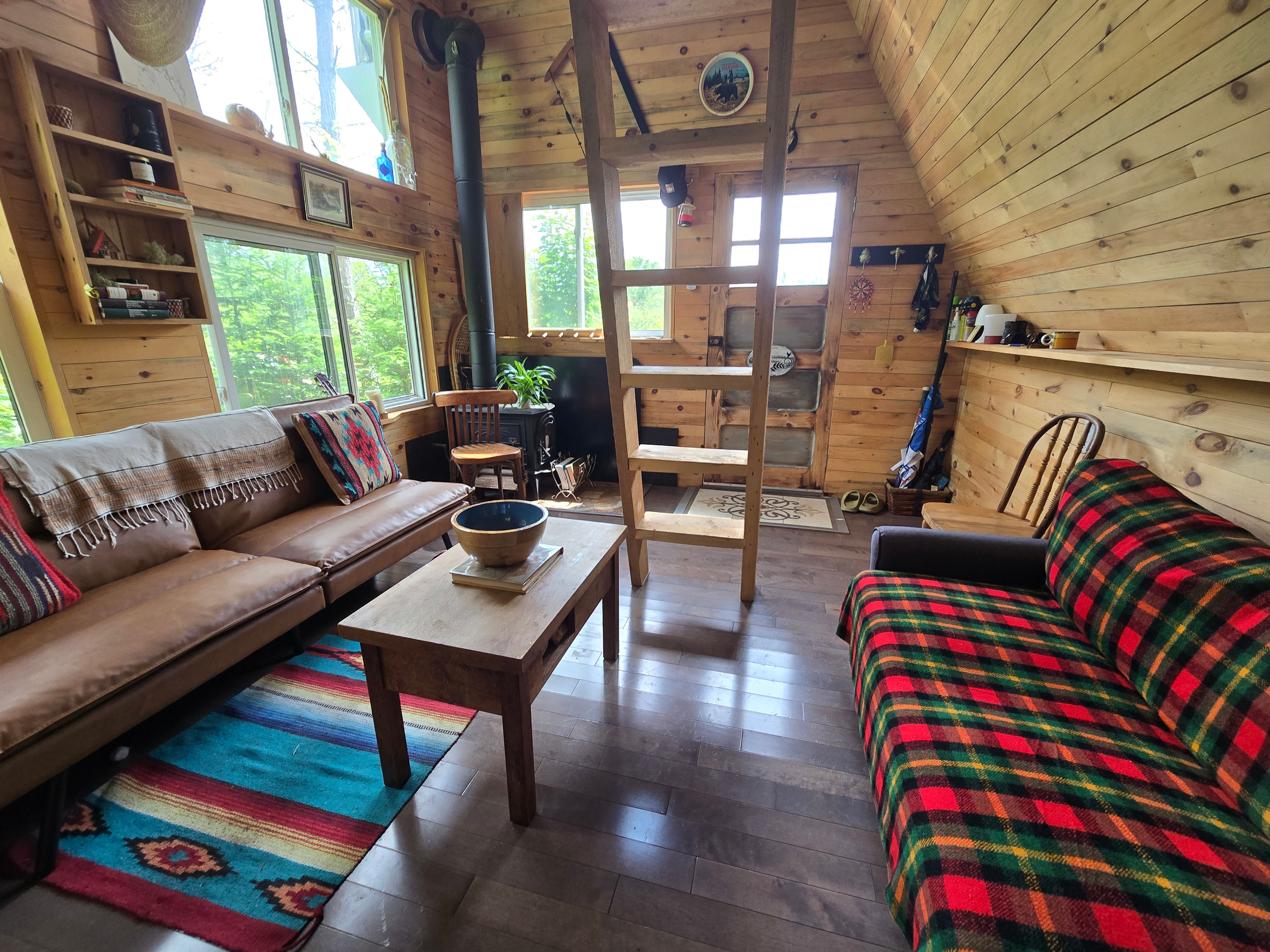 Cozy cabin with mid-century-mod futon and pull out sofa for extra guest sleeping.