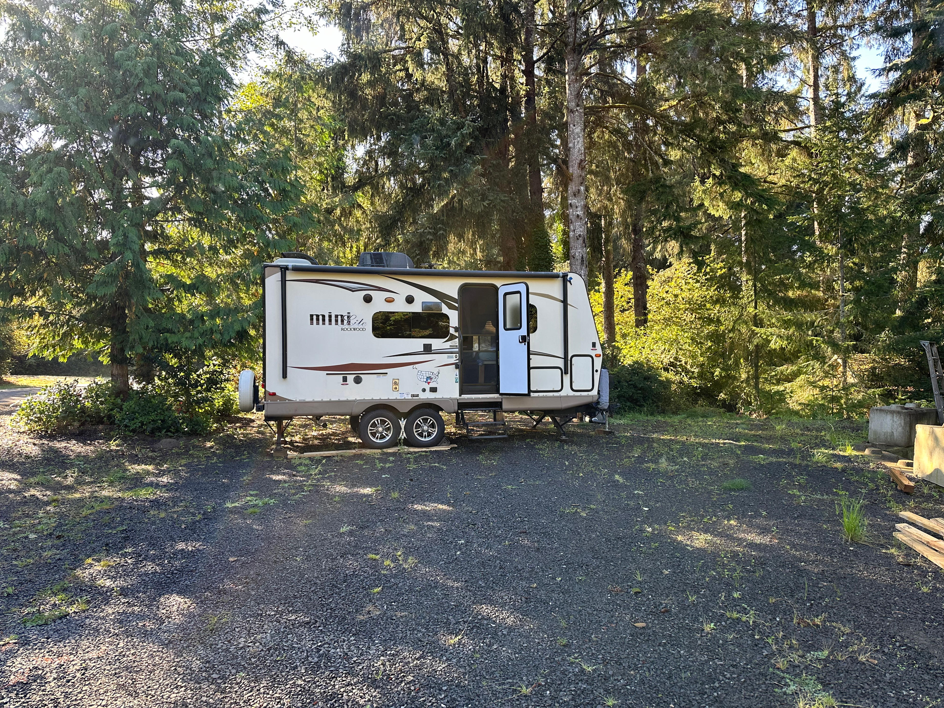 Shorter campers can pull into the lot directly. Camper pictured is 21’ with 5’ of tongue.  This orientation will face the entry toward the main parking area.