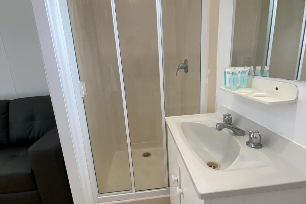 Ensuite bathroom with shower, toilet and basin. 