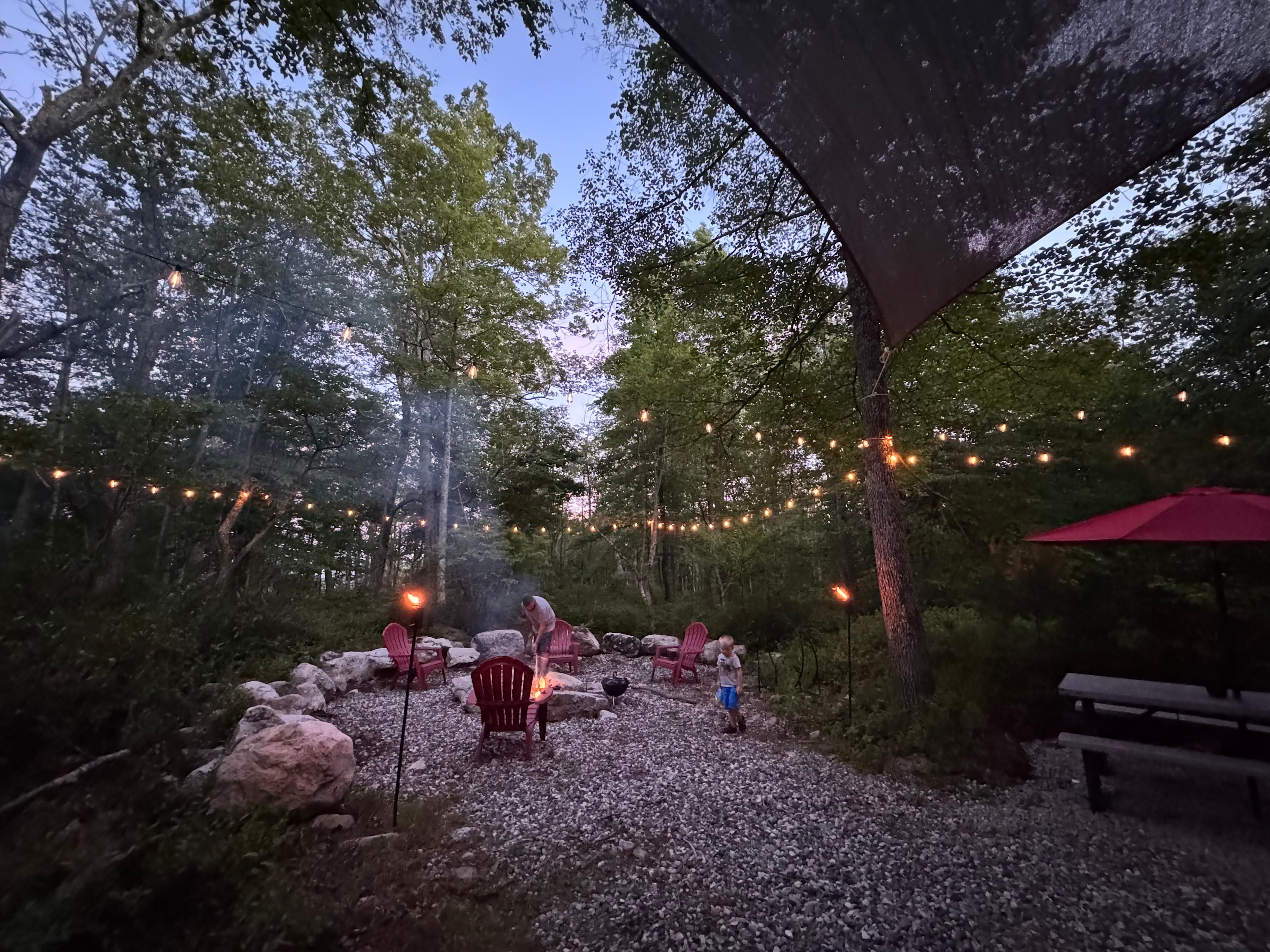Night time fun!  Lights surround the entire camp. A remote makes it easy to turn on and off, or choose whatever setting you’d like. 