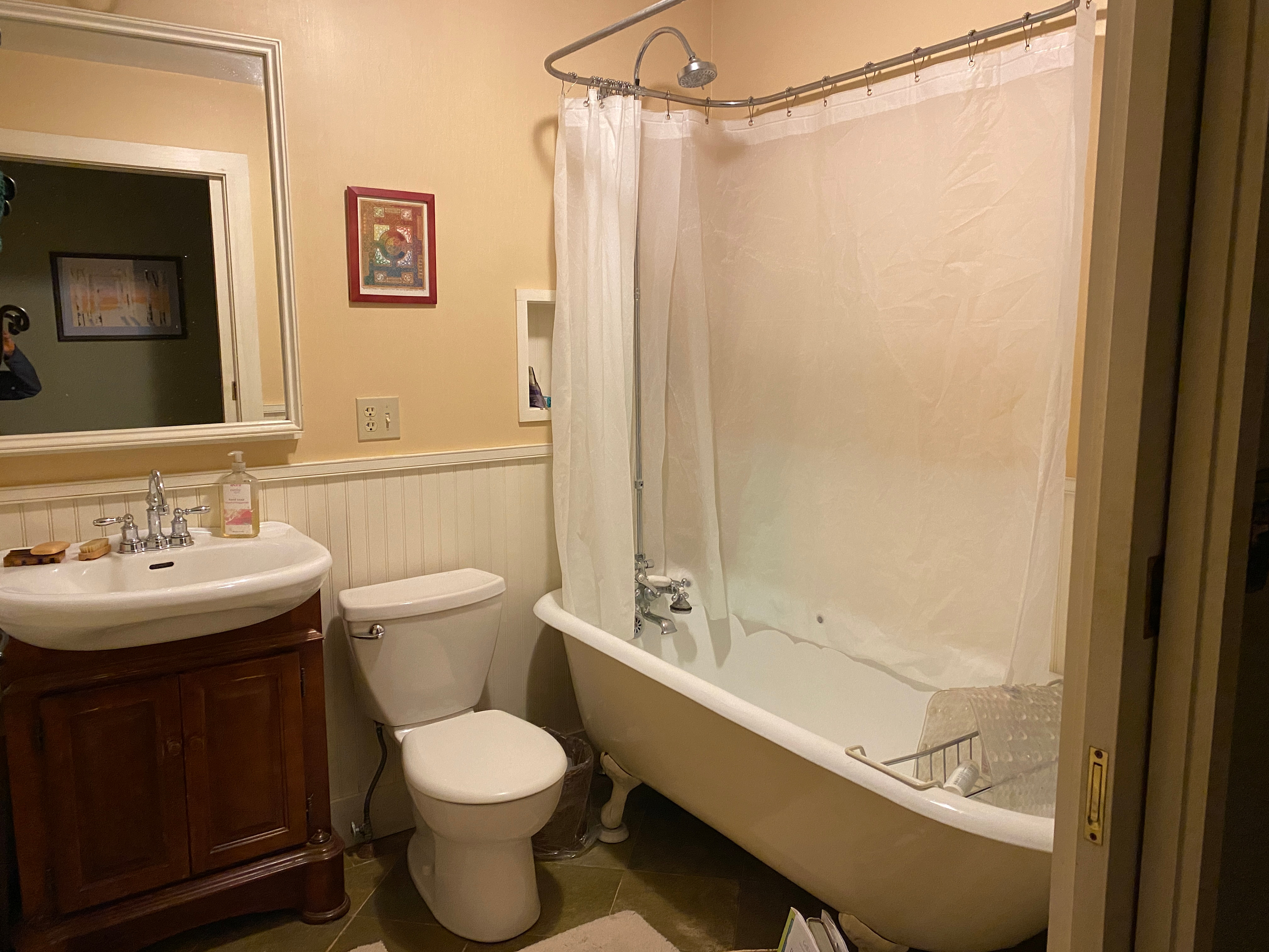 Bathroom just inside the main house which will be exclusively yours during your stay. Sink is accessible and shower chair can be provided upon request.