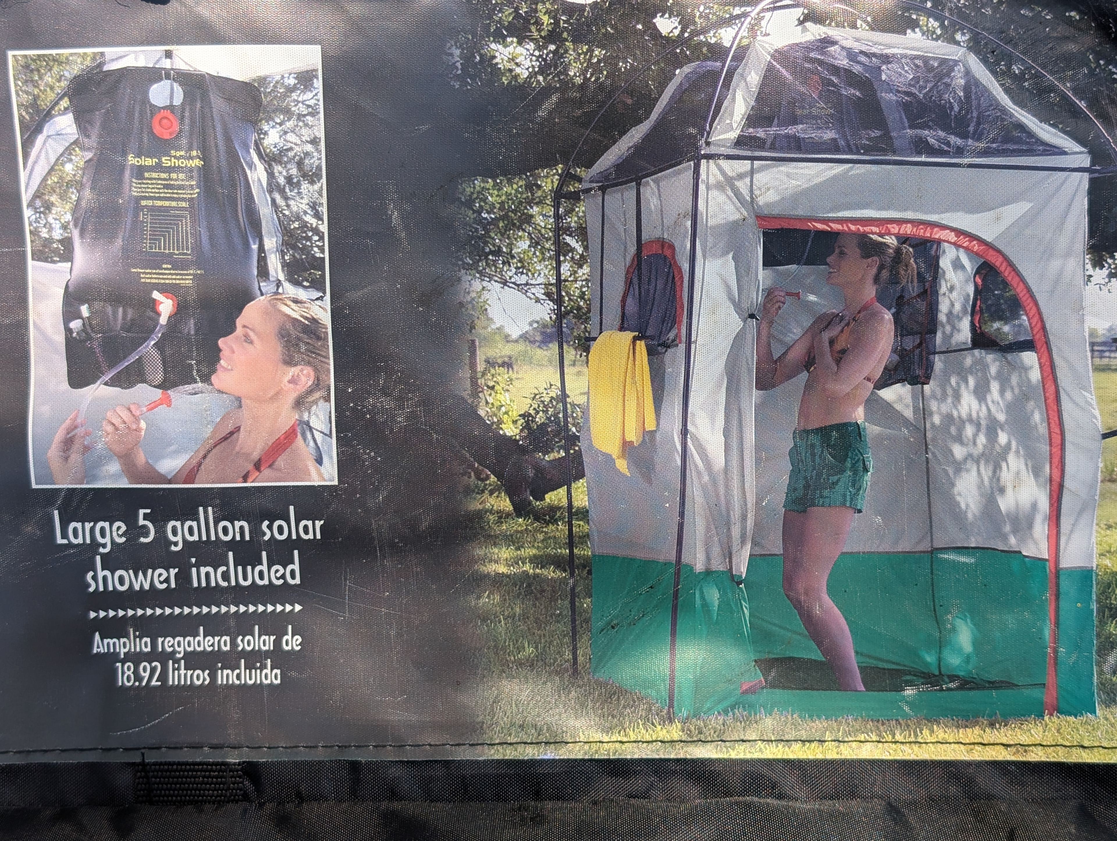 Communal solar shower tent available. Bag must be filled and sit in direct sun for >1 hours  