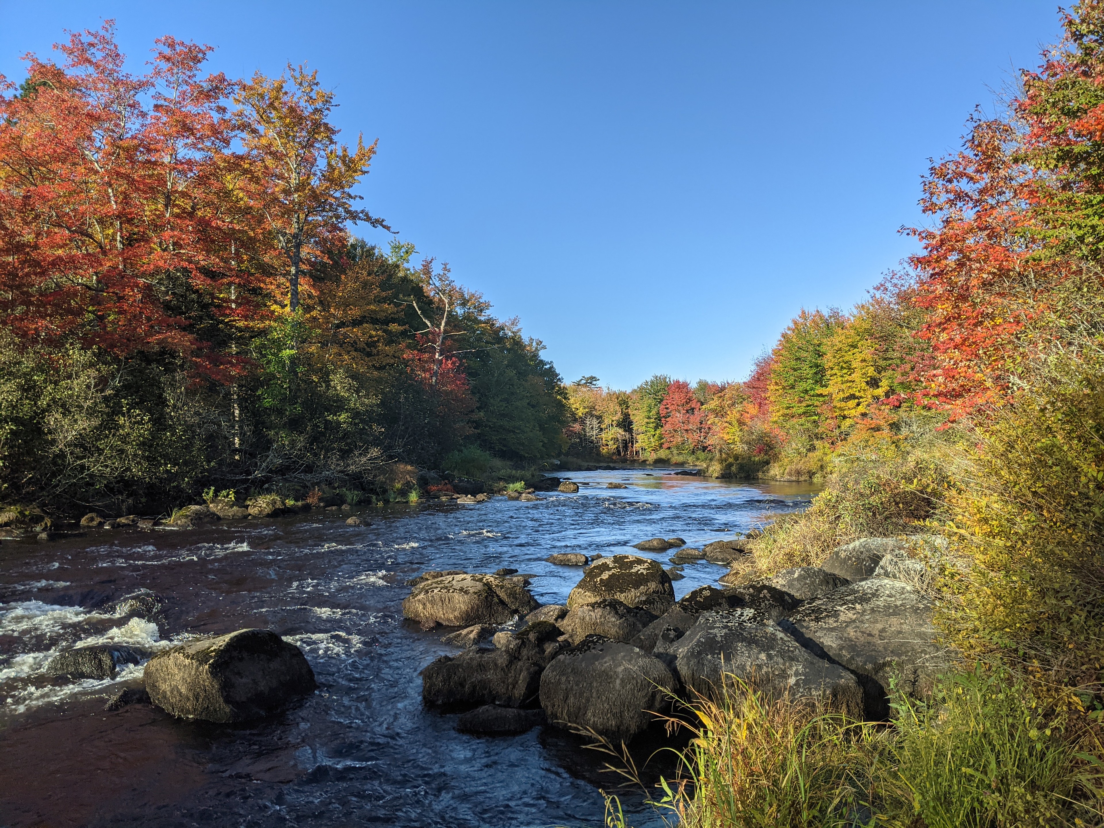 Western view up East Machias river which flows from Hadley Lake