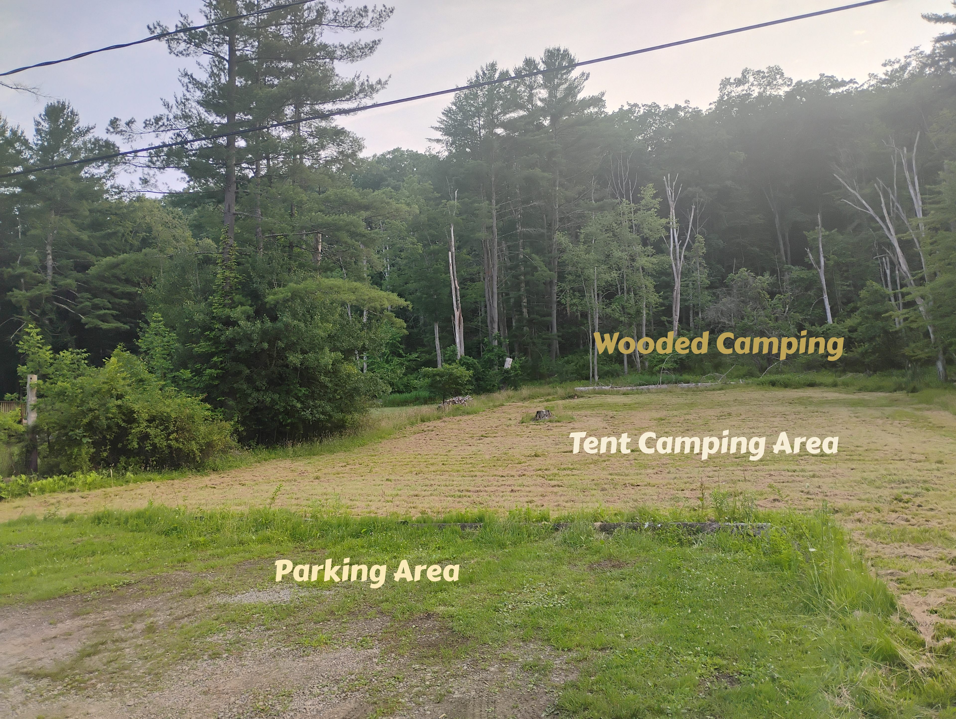 Car parking in the foreground. Camping is allowed up to the Trunkeyville-Fagundus road and the wooded area to the upper right.  Please do not molest the water tanks  and pipes that belong to a community water system. 