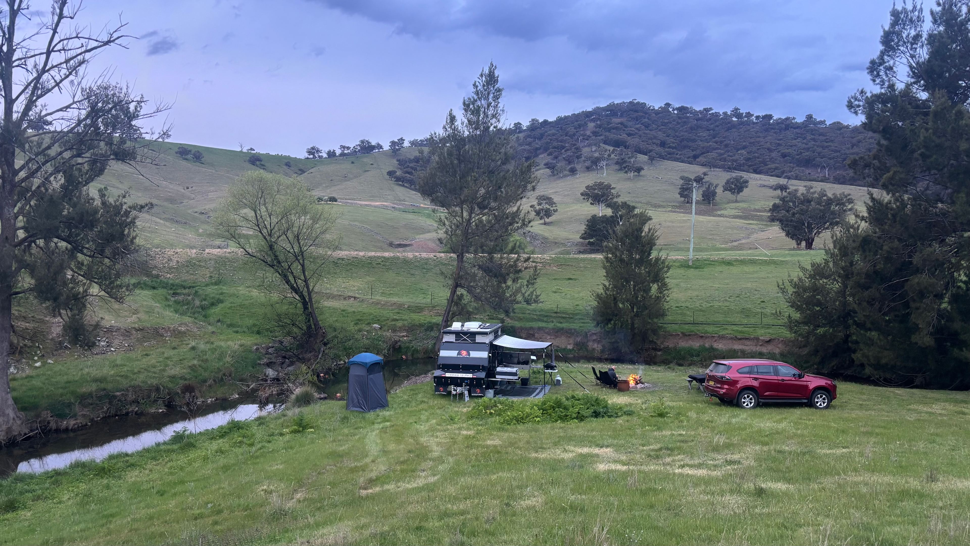 Campsite by the crystal clear Cheshire Creek