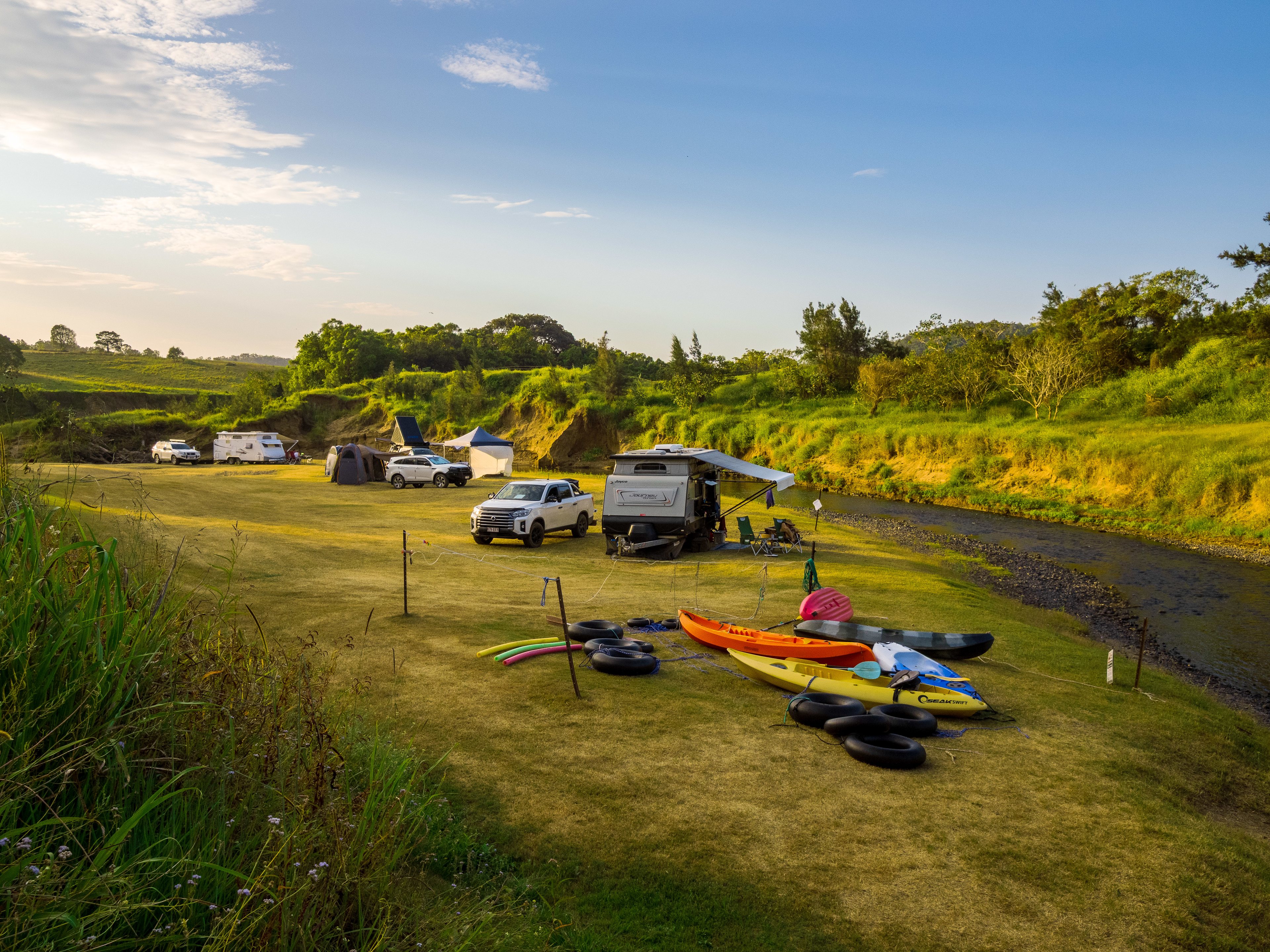 There are three sites on the lower river flat, all separated giving privacy. Kayaks are kept in a designated site for all to use.