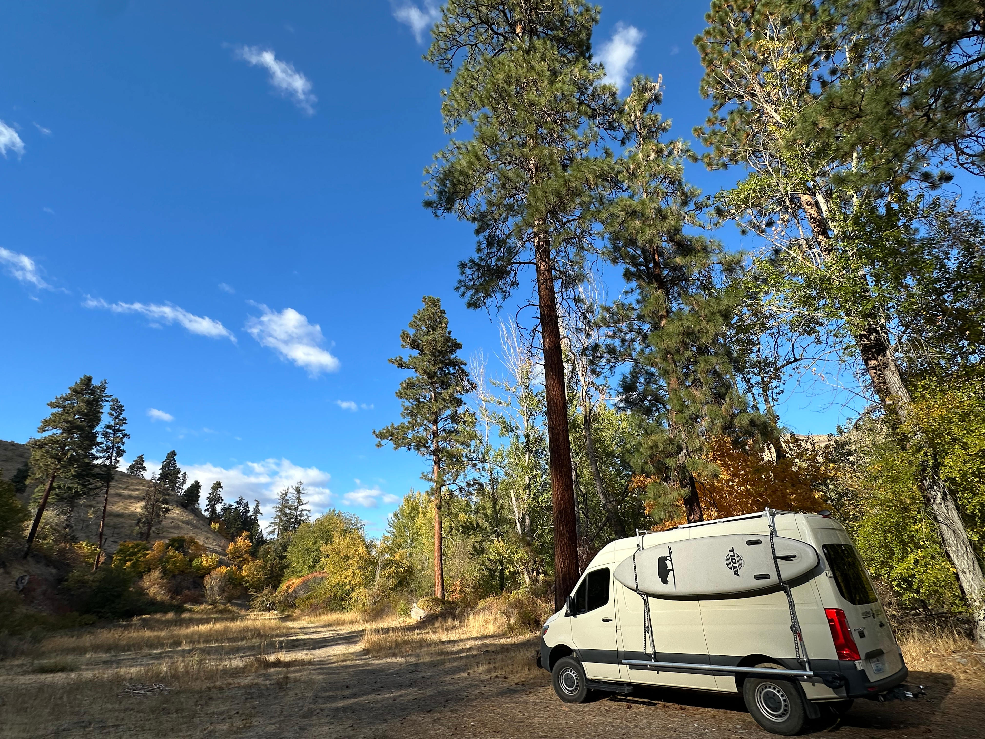 Camp - Ladybug, looking upriver, Farm Sprinter Rental Van 
