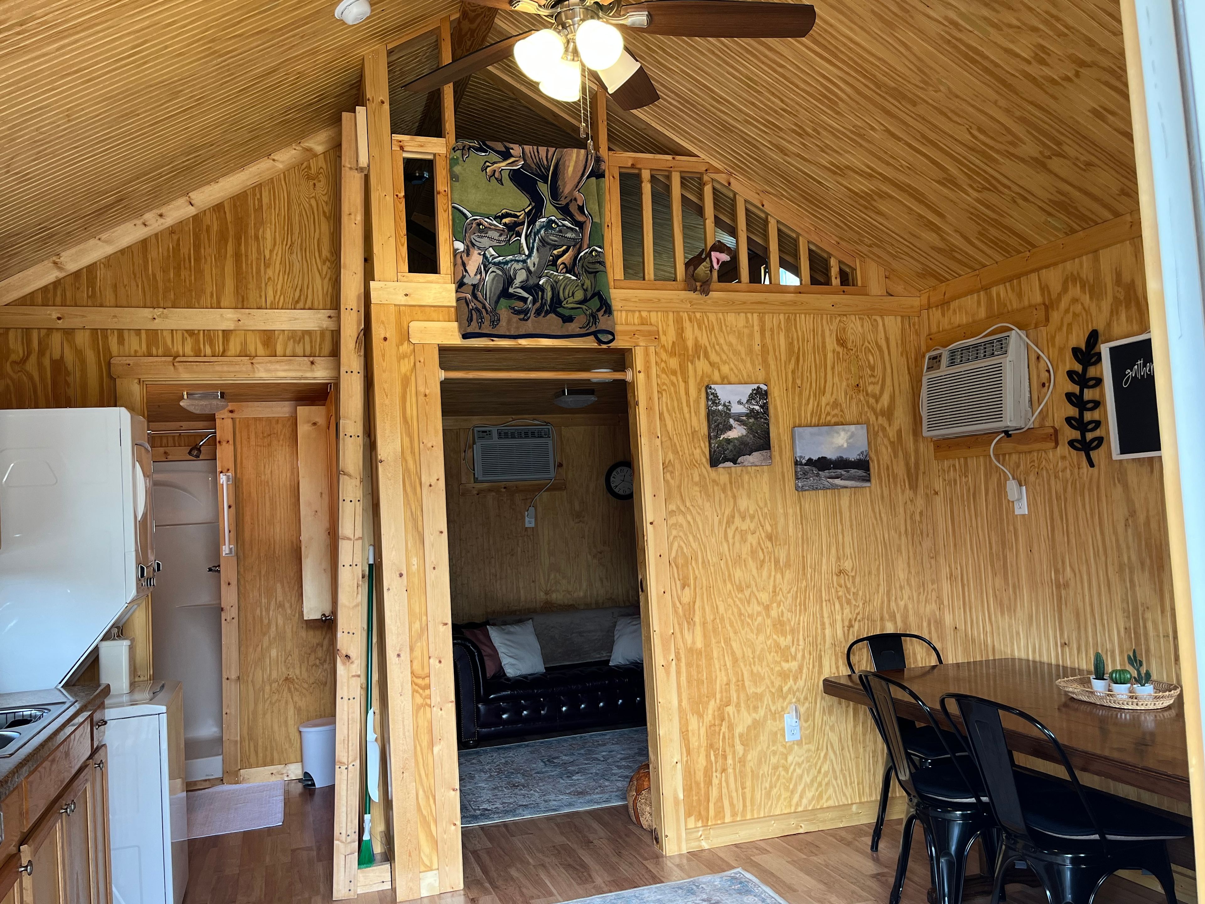 View from front door. Loft upstairs with twin and full size mattress on the floor. Great for kids or adults.