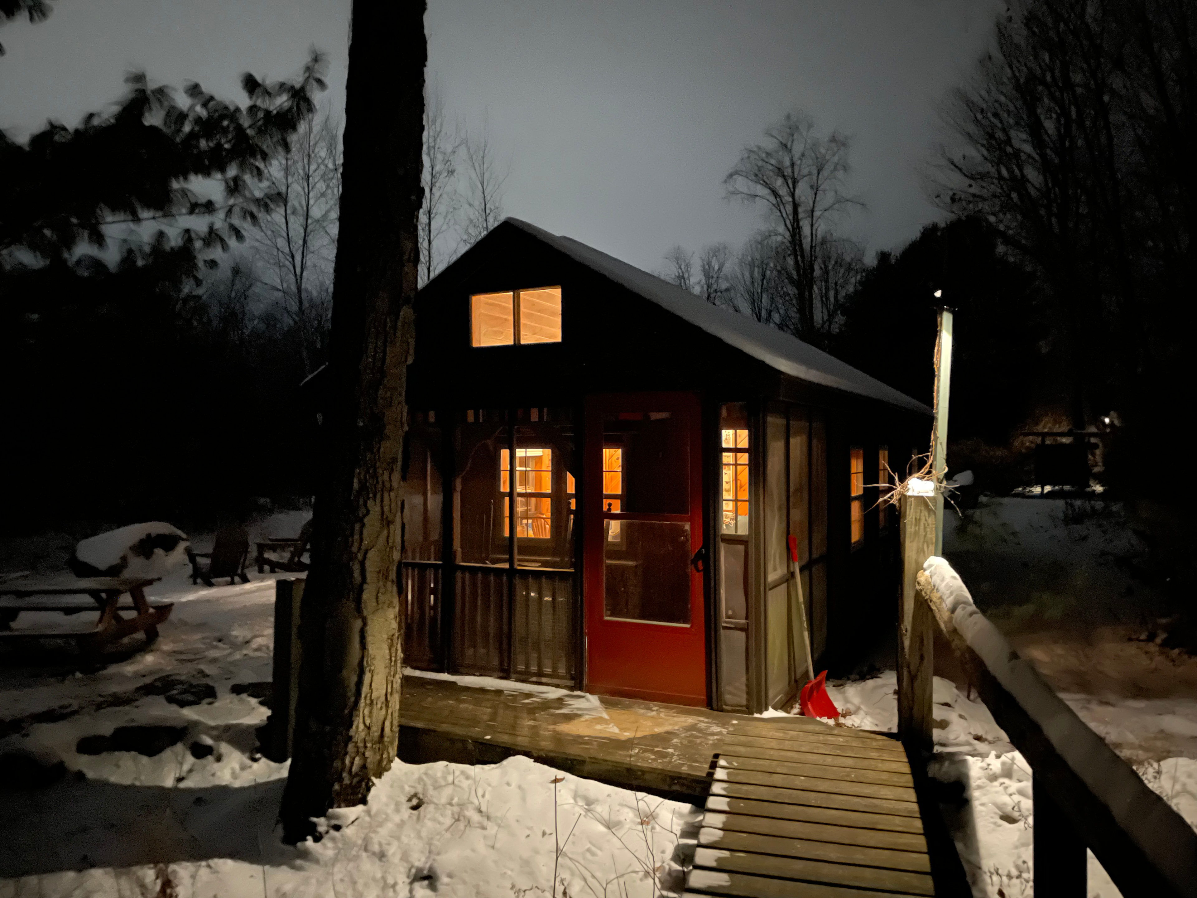 The cabin at night