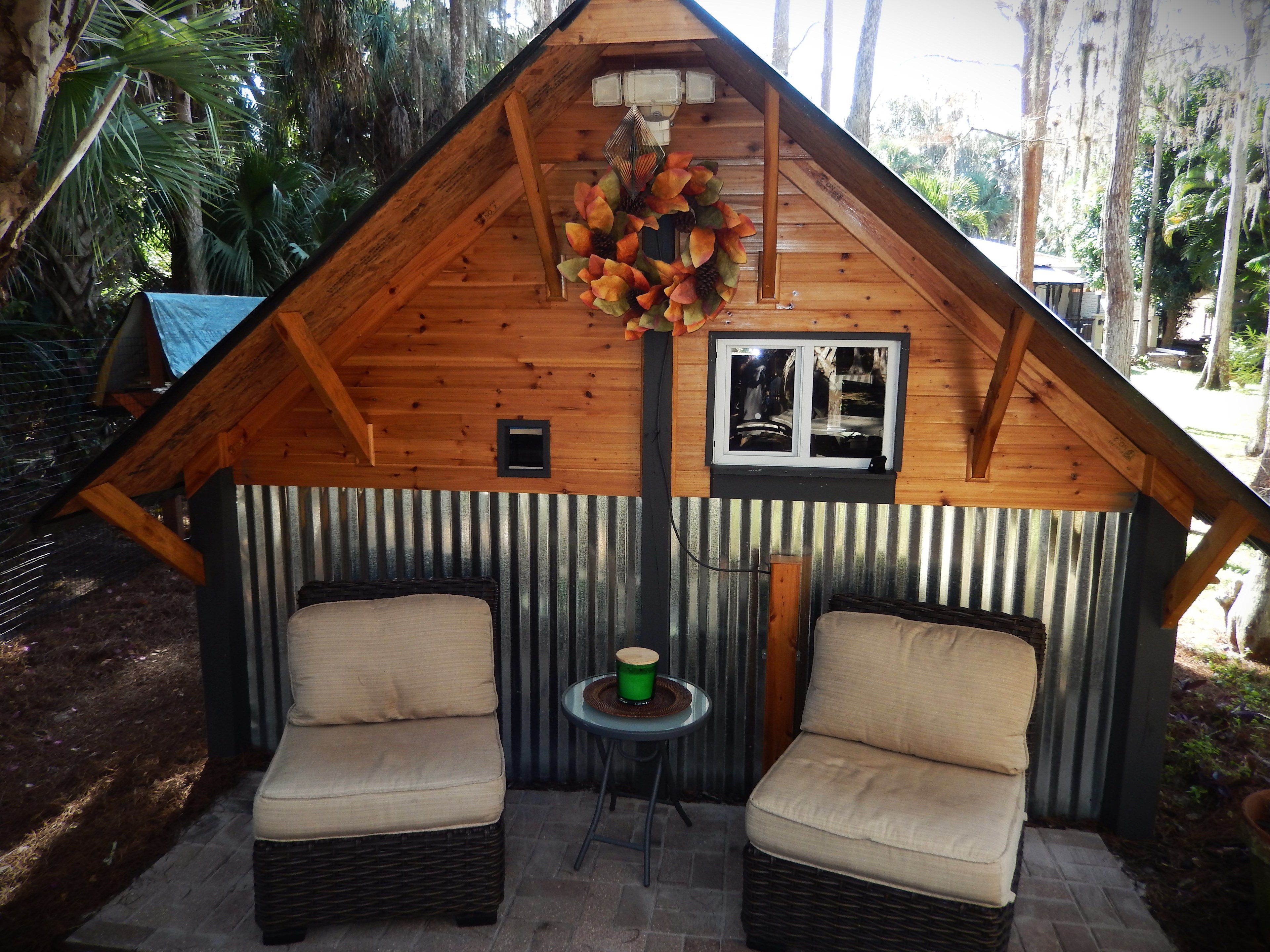 The cabin back patio provides an overall "long view" of the property.