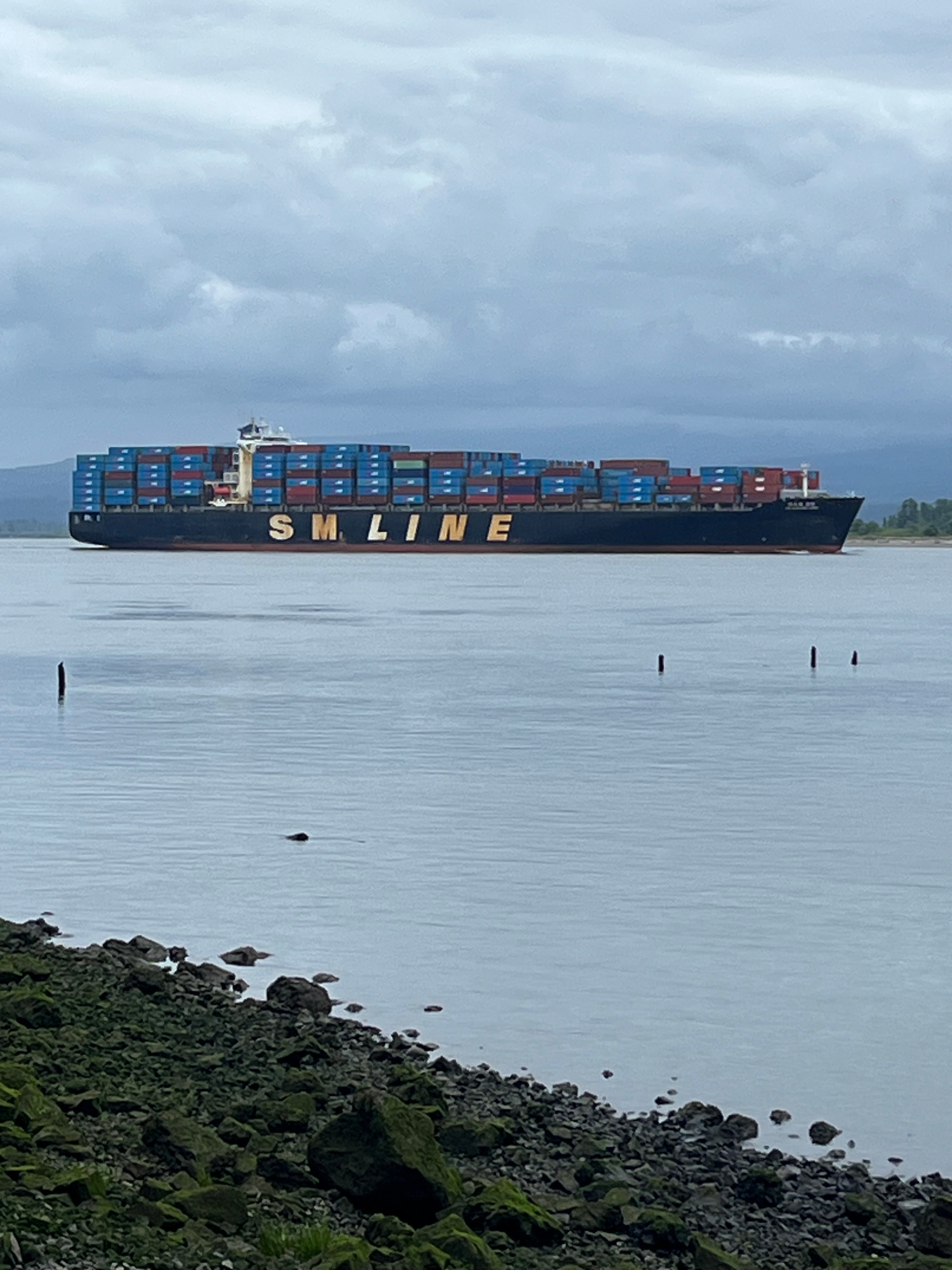 Large ships occasionally pass by the Riverside Campsite