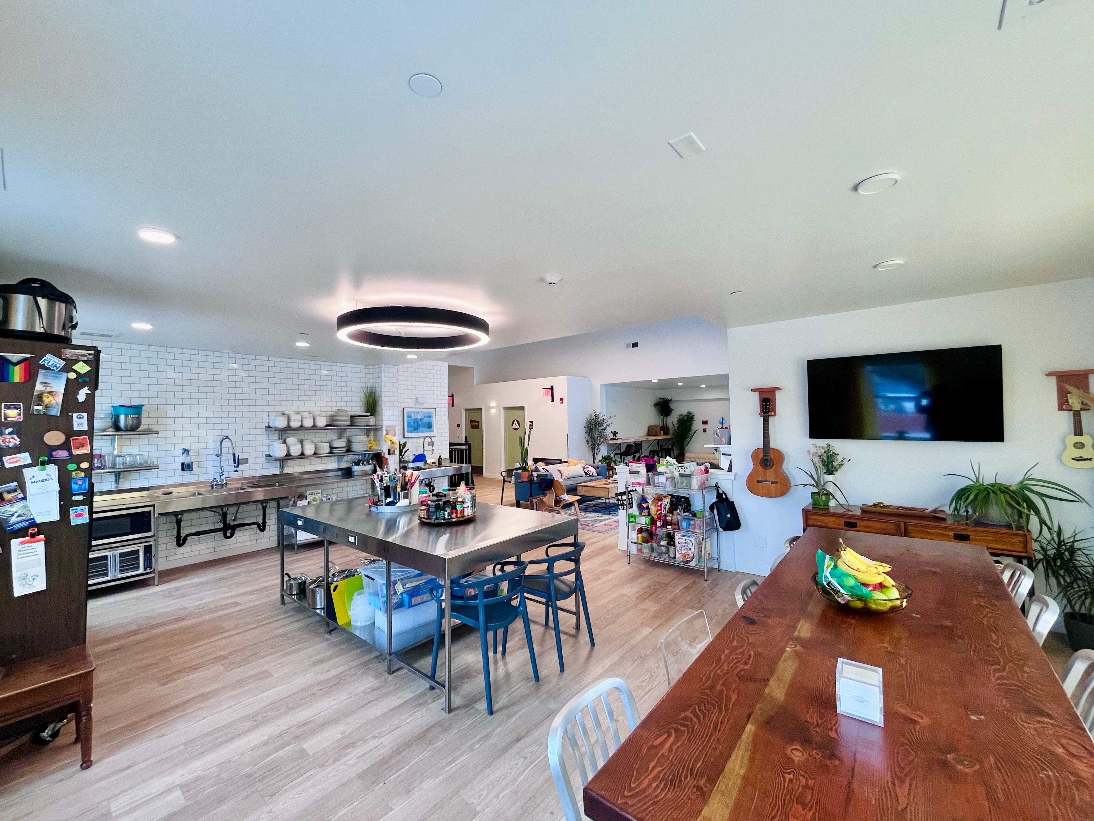 Our shared kitchen is accessible from 7am-10pm daily. It has most of the essentials for basic meal prep, including cookware, dishware, induction burners, toaster ovens, and microwaves.