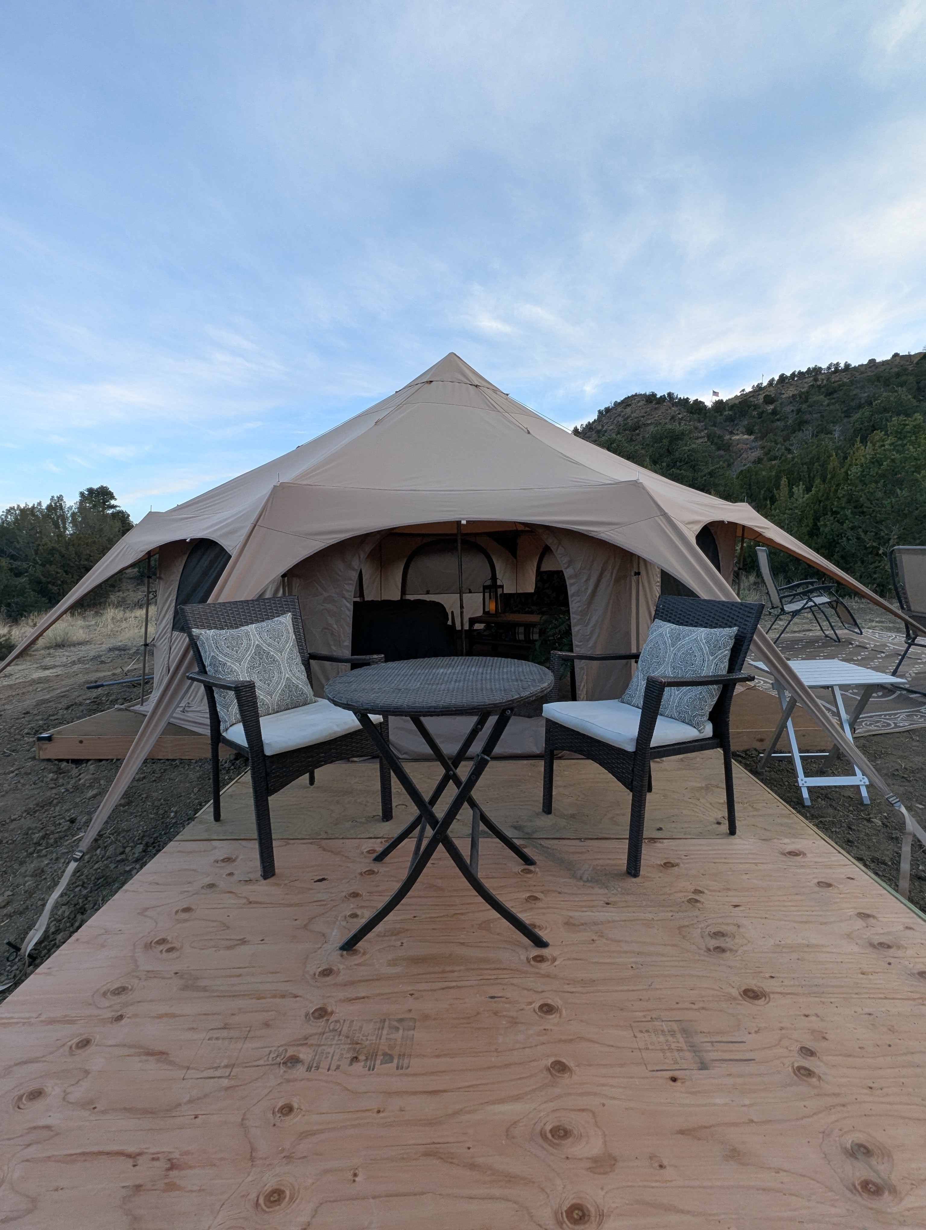 Bistro set on outdoor deck. 