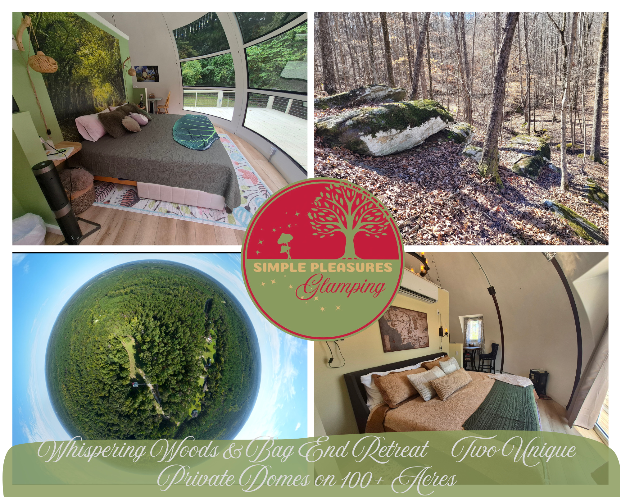 Whispering Woods & Bag End Retreat – Two Unique Private Domes on 100+ Acres