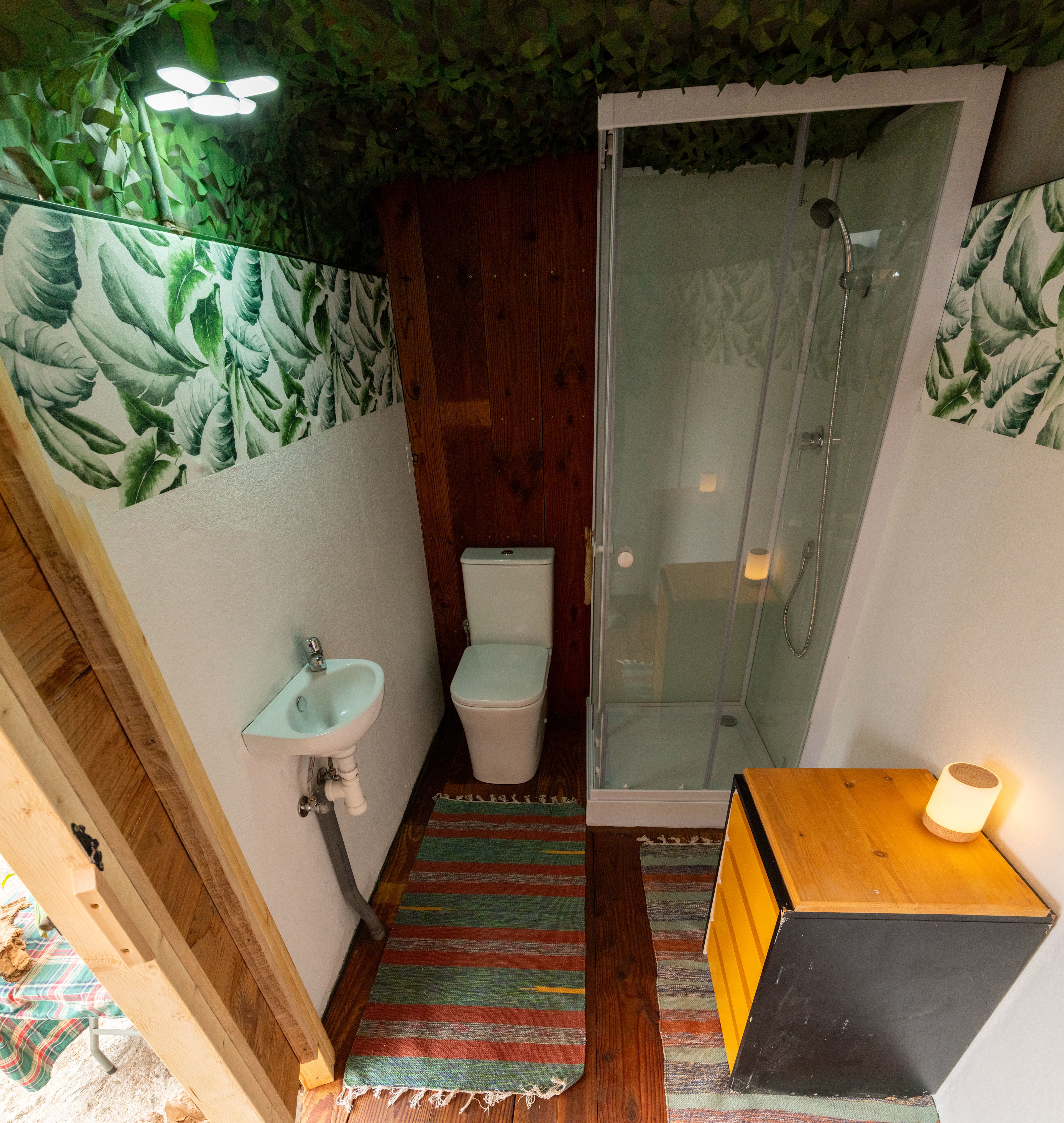 Bathroom, flush toilet and shower with warm water