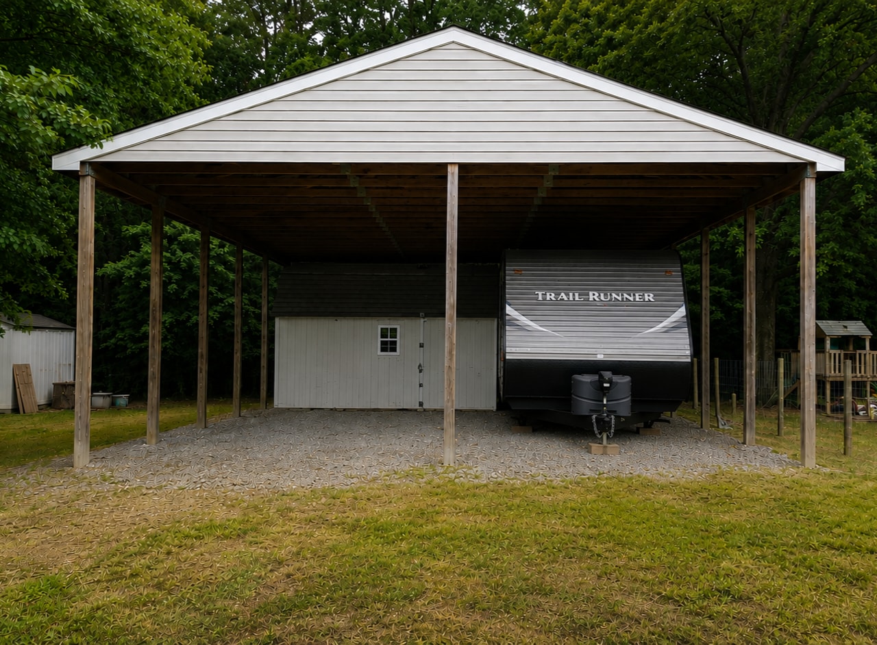 Large covered pavilion with 30-amp electric service. RV shown for scale. Guests may park under or beside pavilion