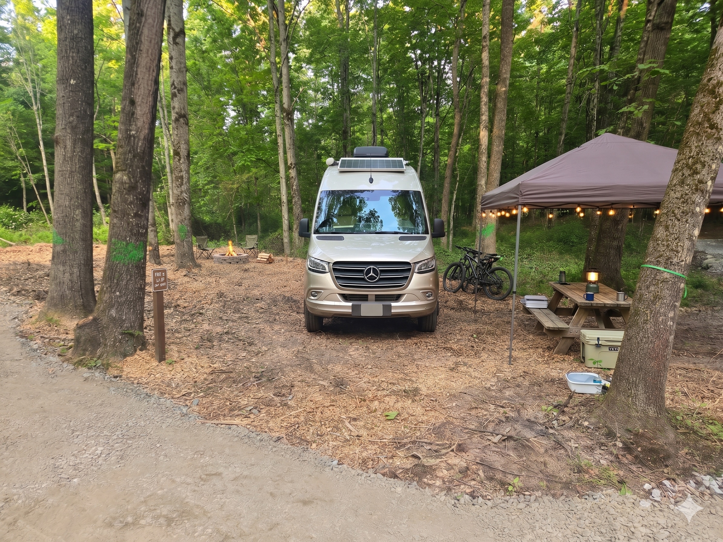Mostly level pull-in site for a campervan or smaller RV. You can pull into the site as shown or park your vehicle alongside the site on the stone driveway. 